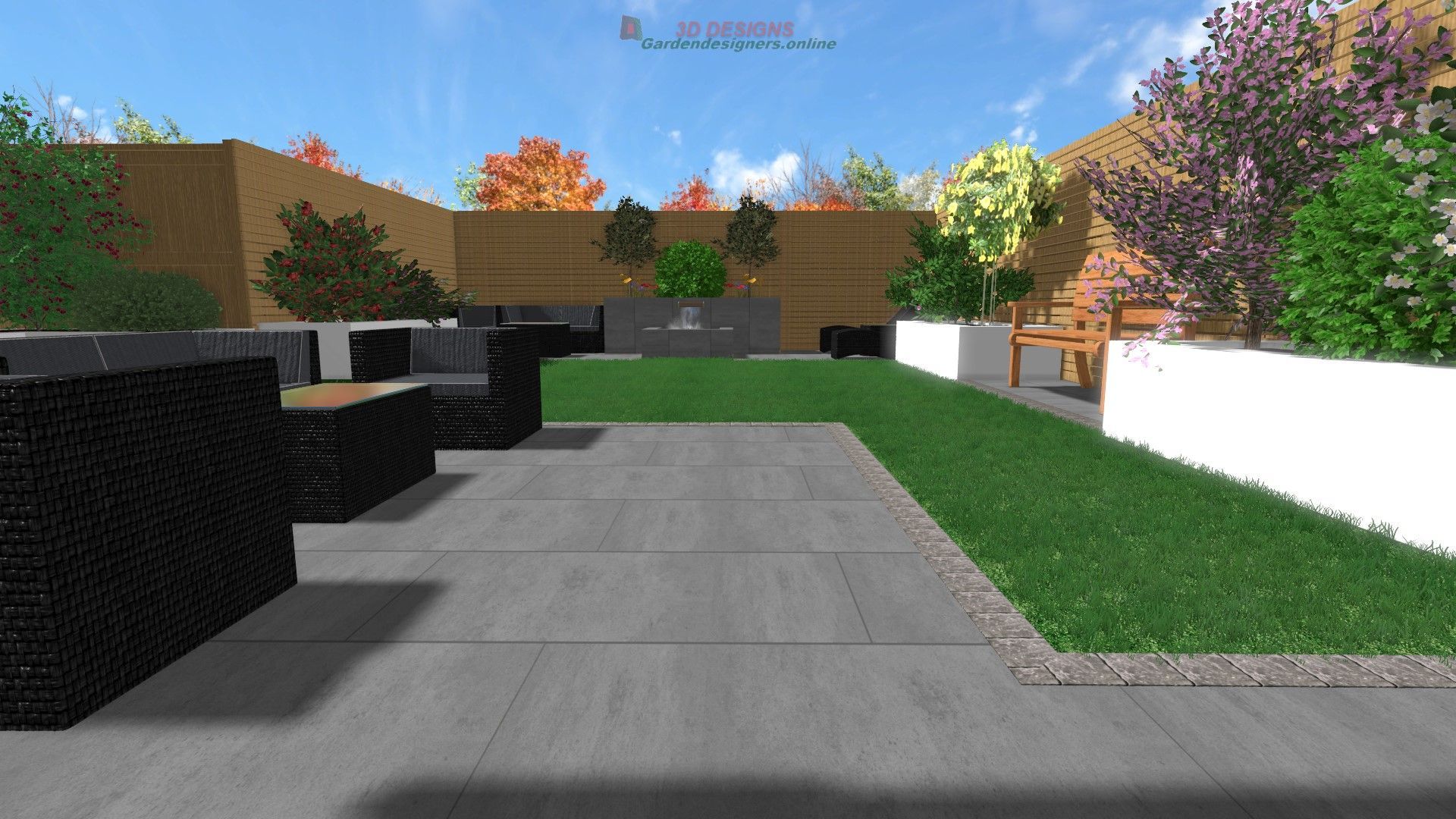 A computer generated image of a garden with a patio and chairs