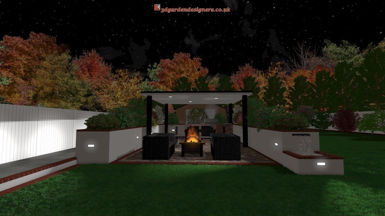 A computer generated image of a garden at night.