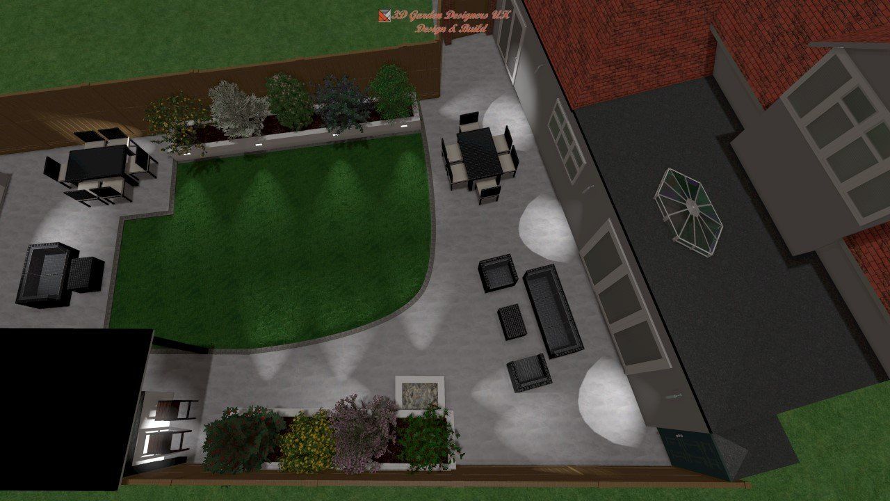 An aerial view of a backyard with tables and chairs