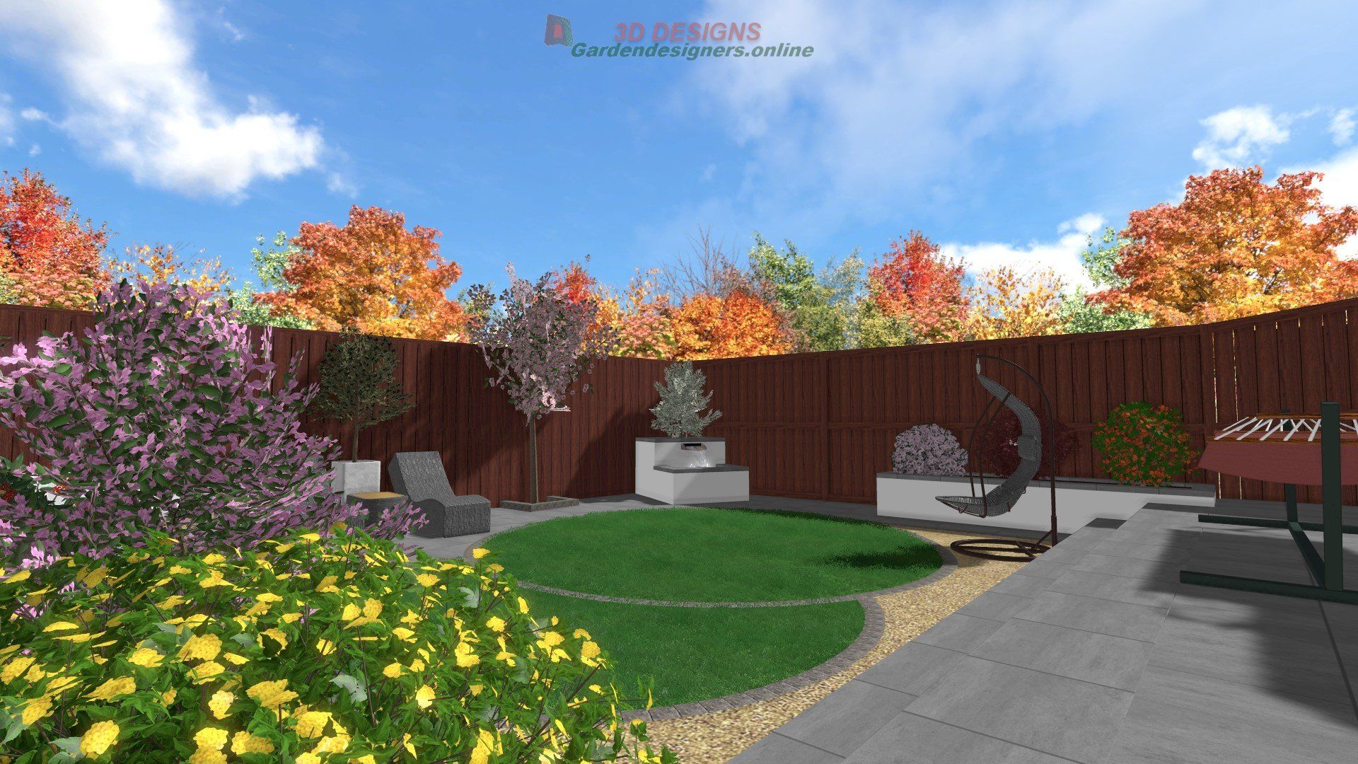 A computer generated image of a garden with flowers and trees