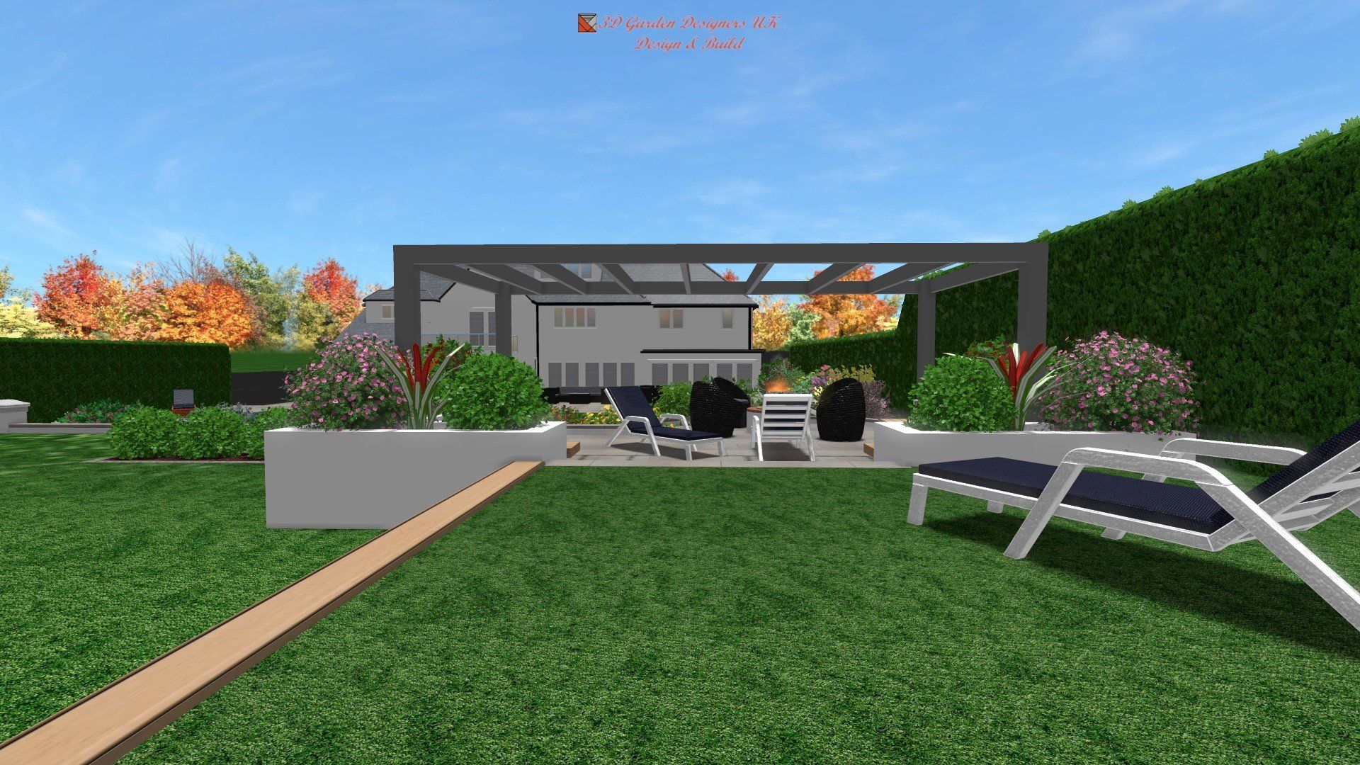 A computer generated image of a backyard with lawn chairs and a pergola.