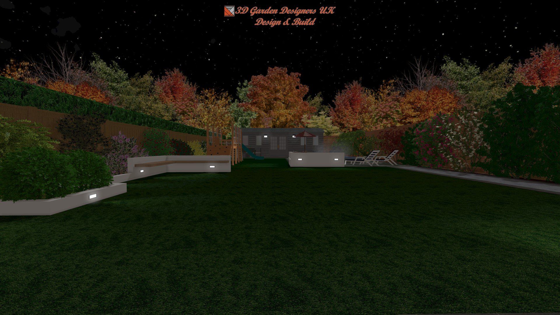 A computer generated image of a park at night with trees and a house in the background.