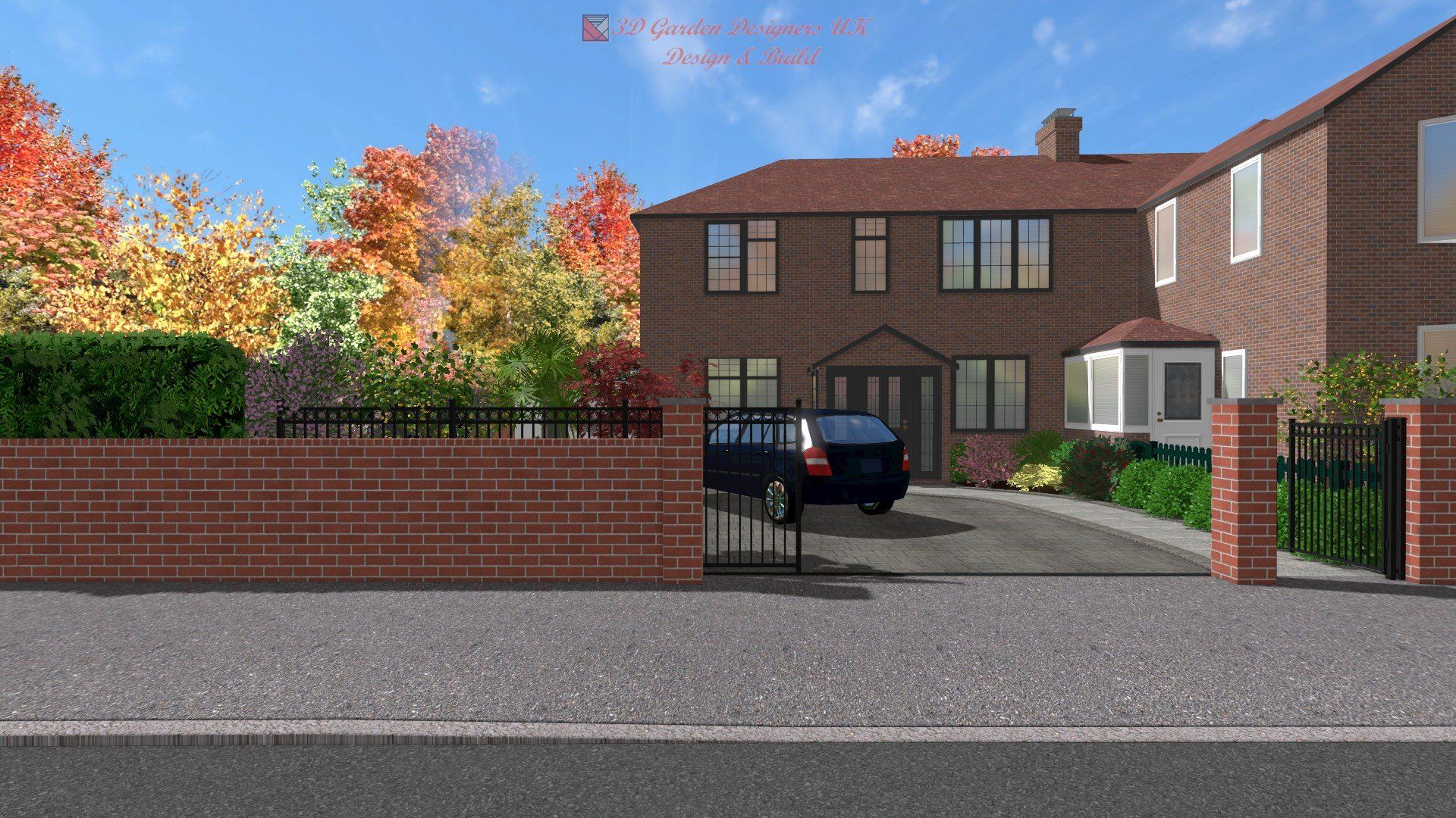 A brick house with a car parked in front of it