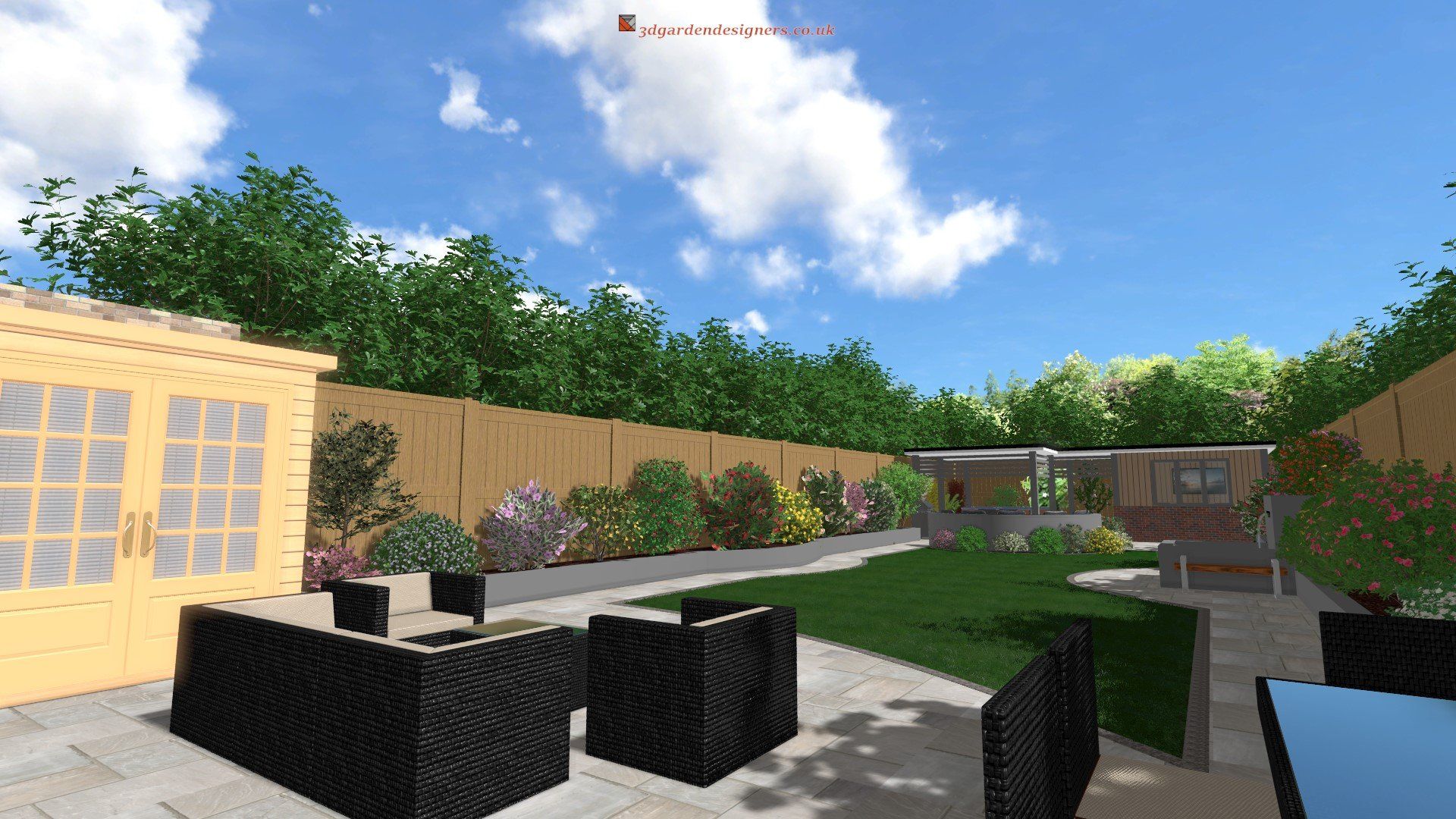 A computer generated image of a backyard with patio furniture