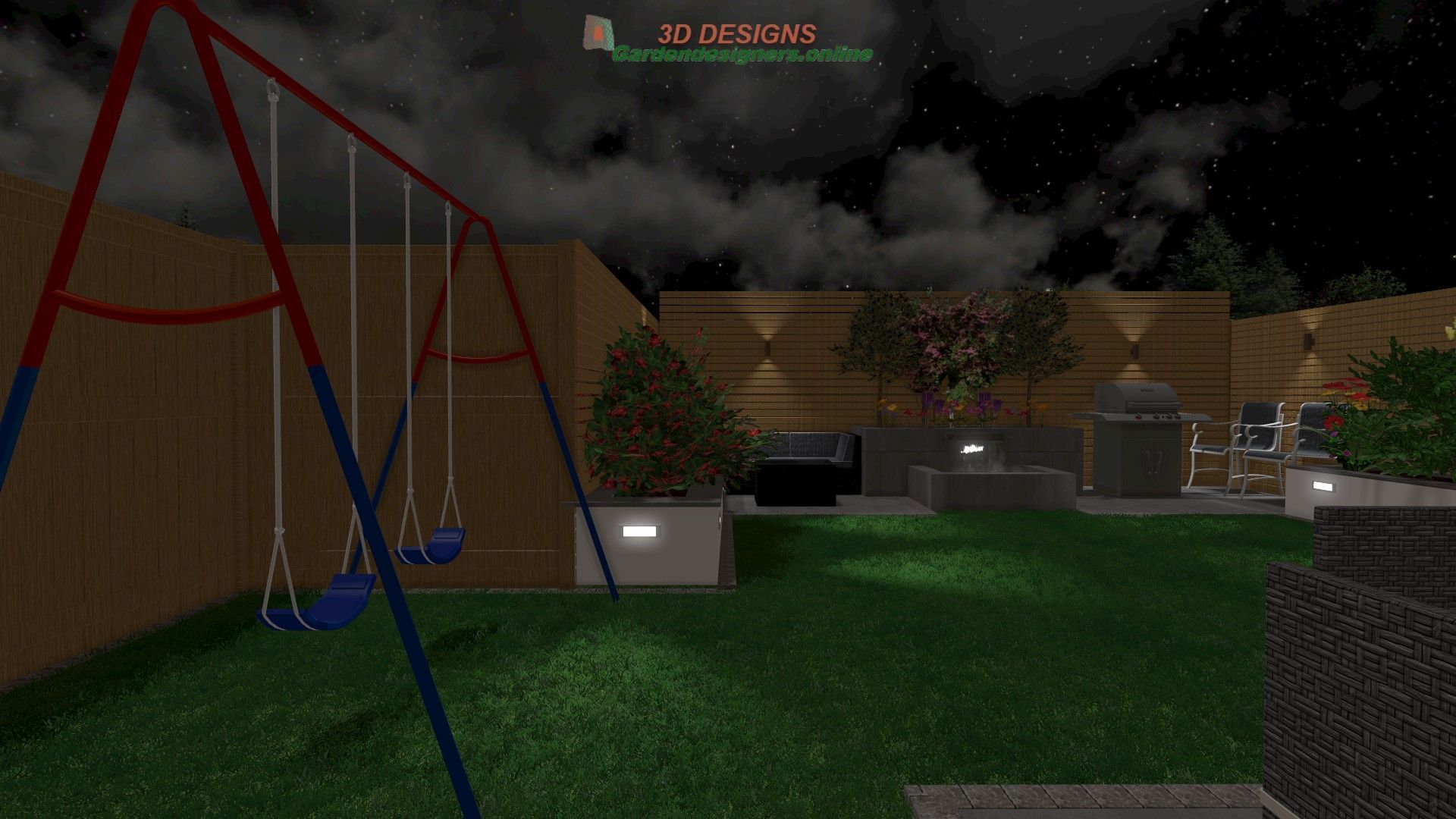 A backyard with a swing set and a fence at night.