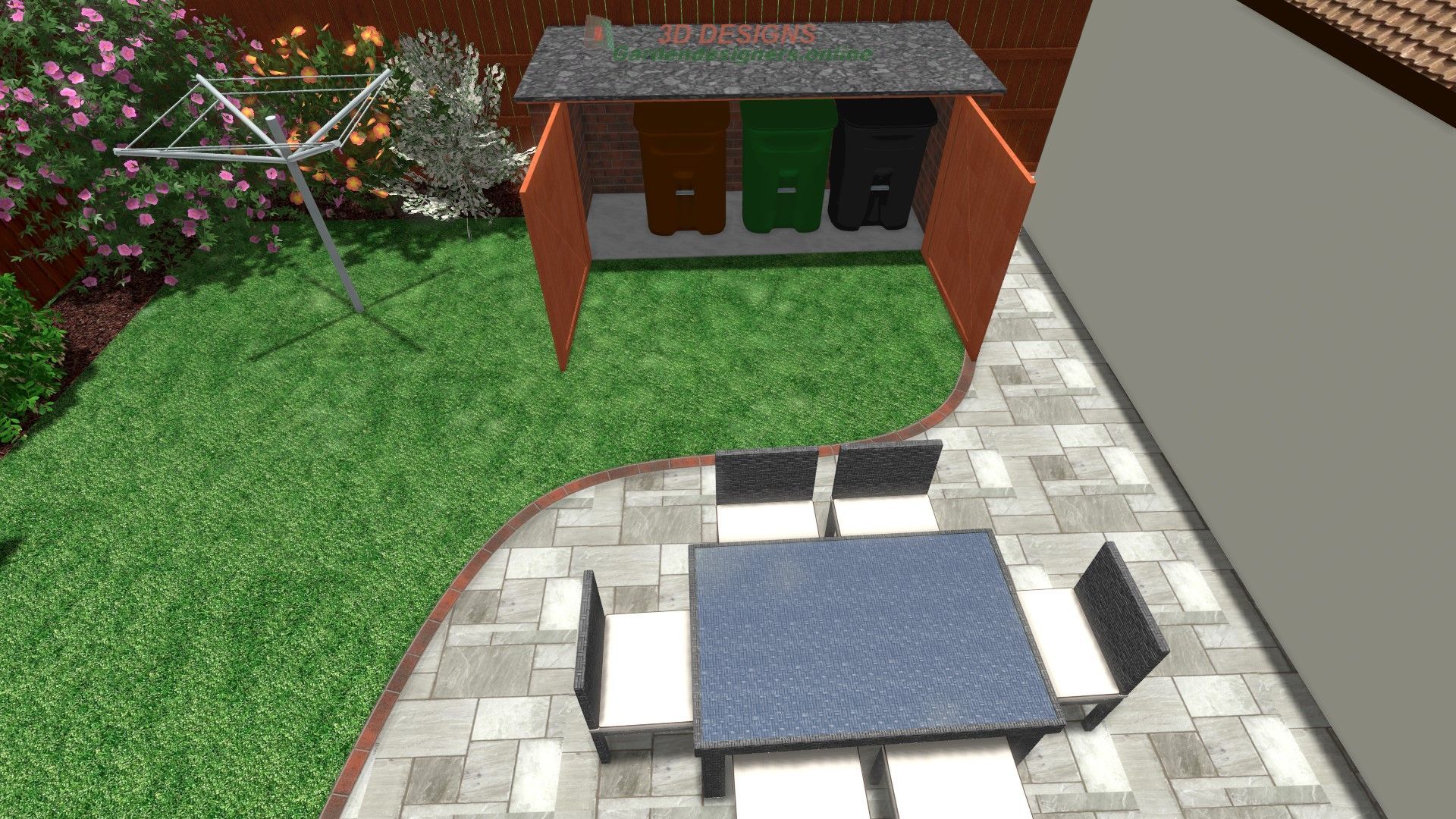 A computer generated image of a backyard with a table and chairs.