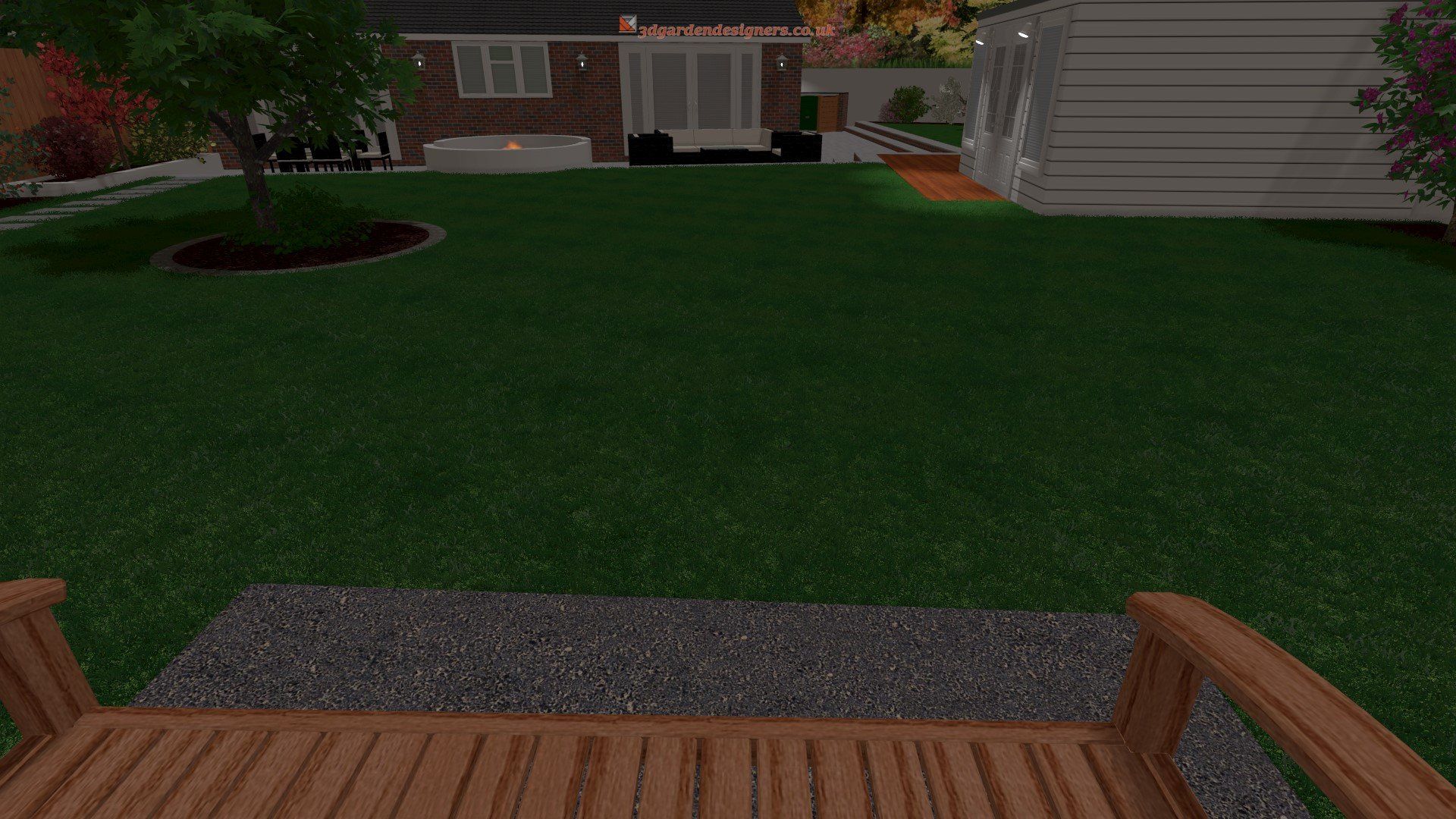 A wooden bench is sitting in front of a lush green lawn in front of a house.