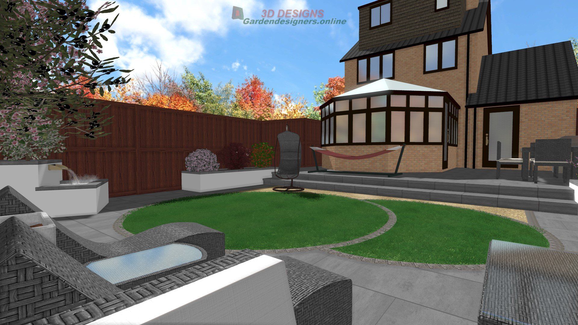 A computer generated image of a backyard with a house in the background