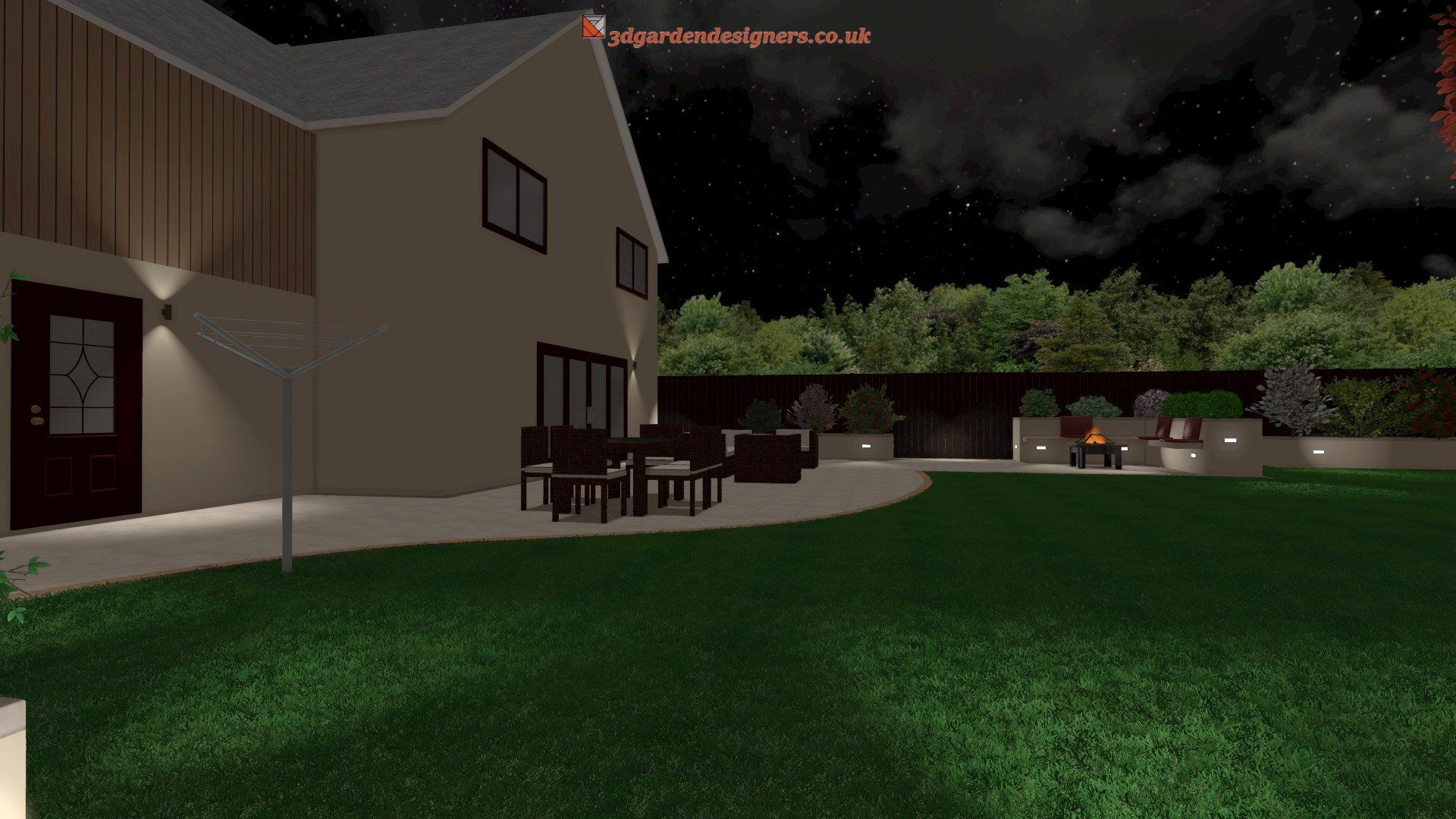A computer generated image of a house and a backyard at night.
