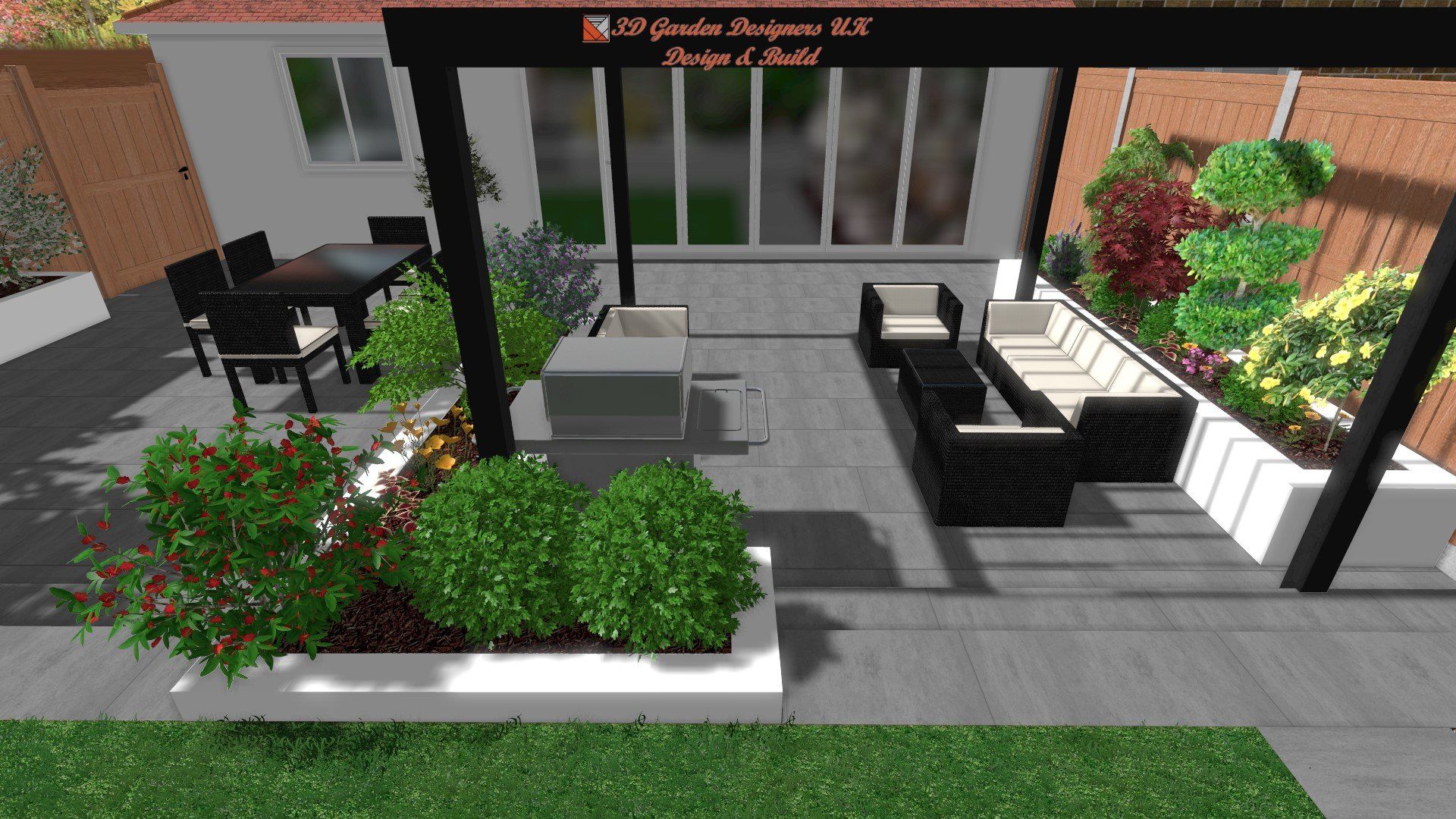 A computer generated image of a patio with a pergola , couch , table and chairs.