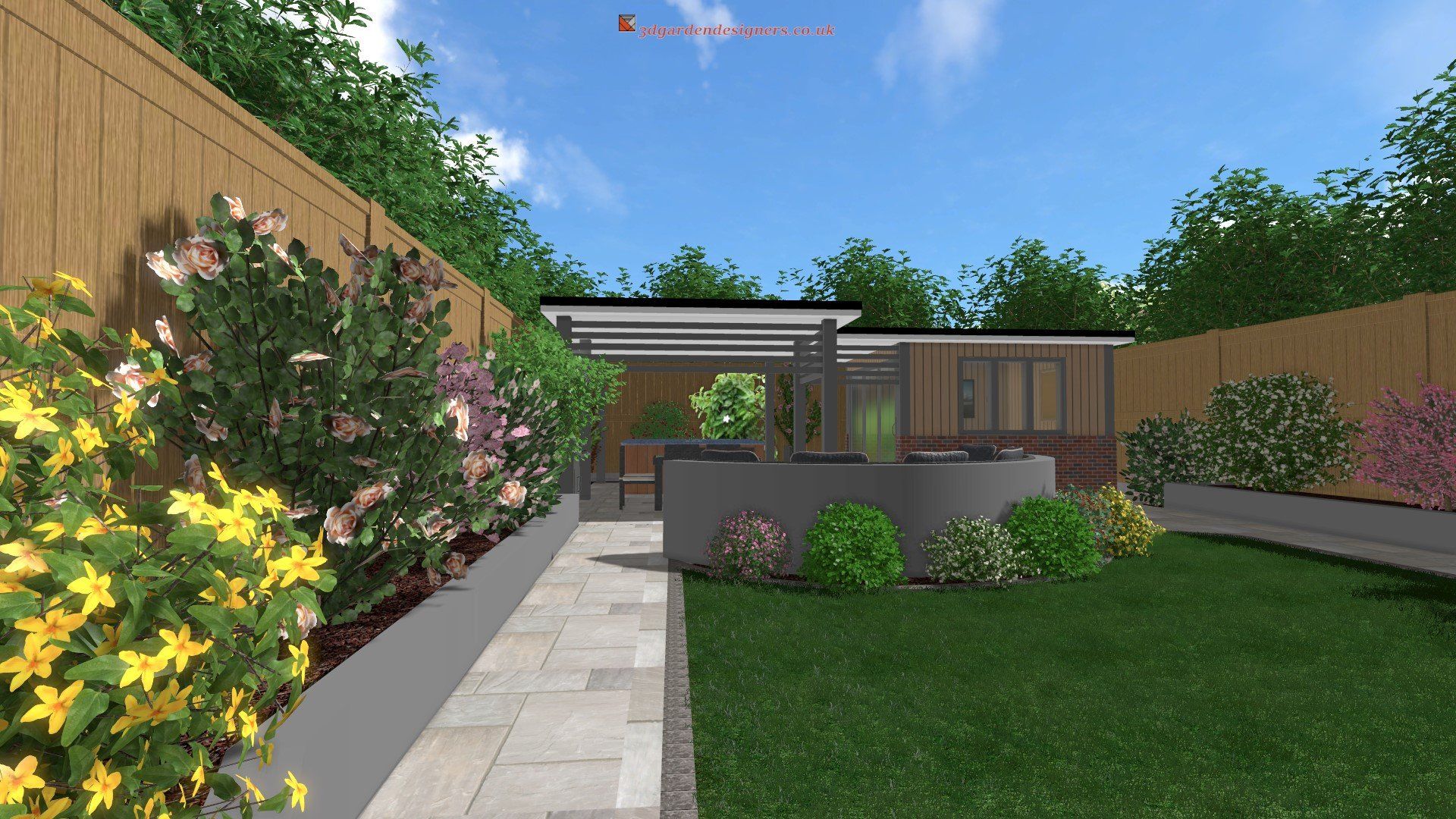 A computer generated image of a backyard with a fence and flowers