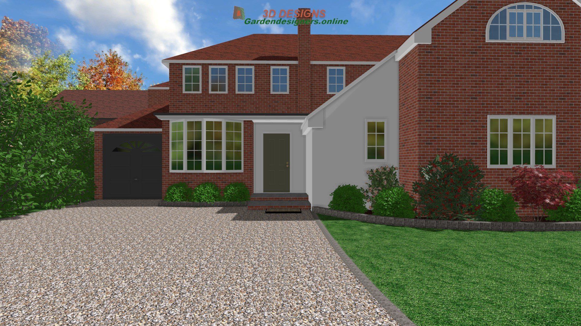 A brick house with a gravel driveway in front of it