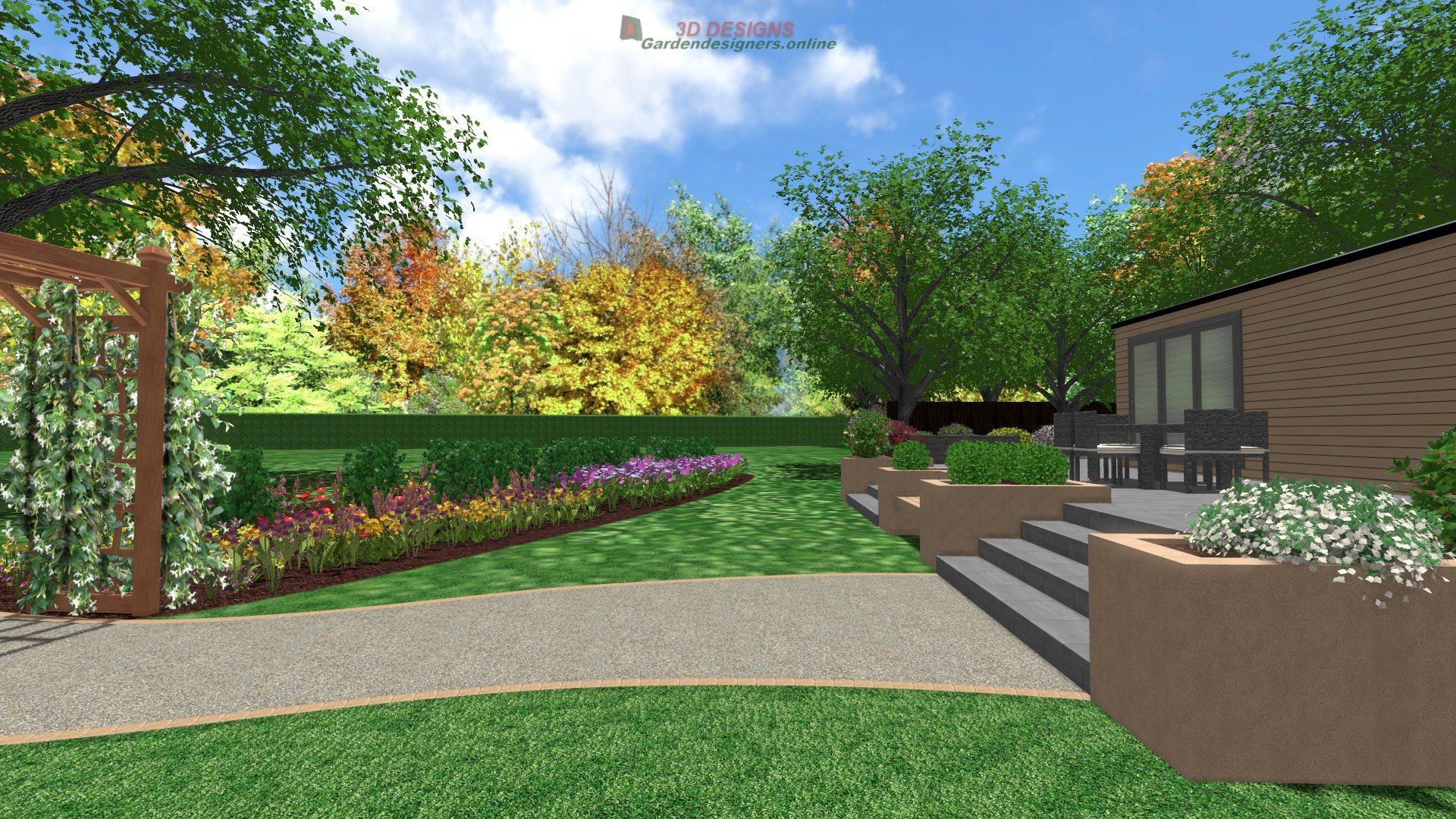 A computer generated image of a garden with a house in the background.