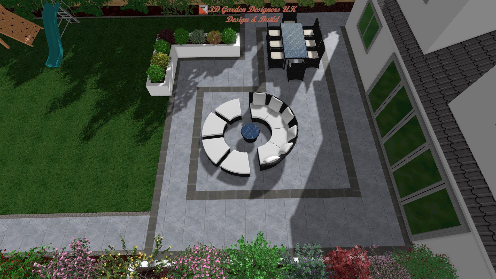 An aerial view of a patio with a table and chairs.