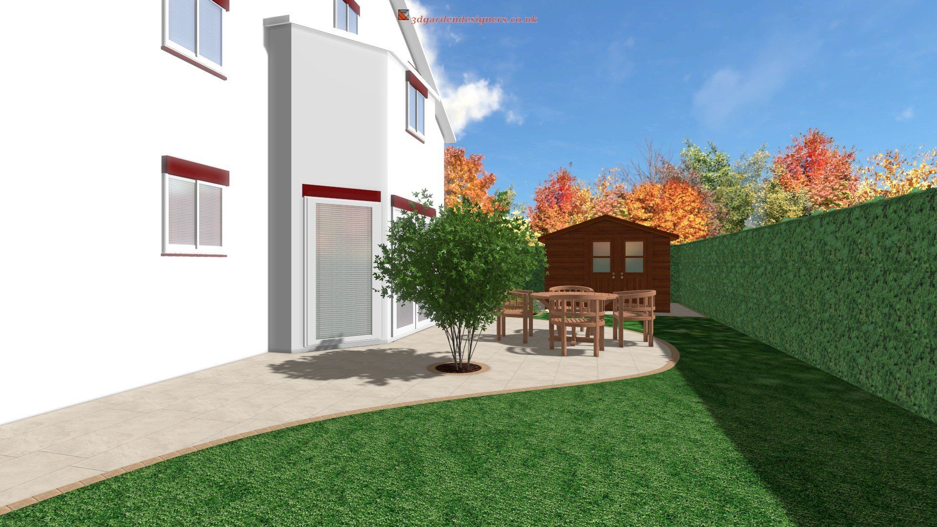 An artist 's impression of a backyard with a table and chairs