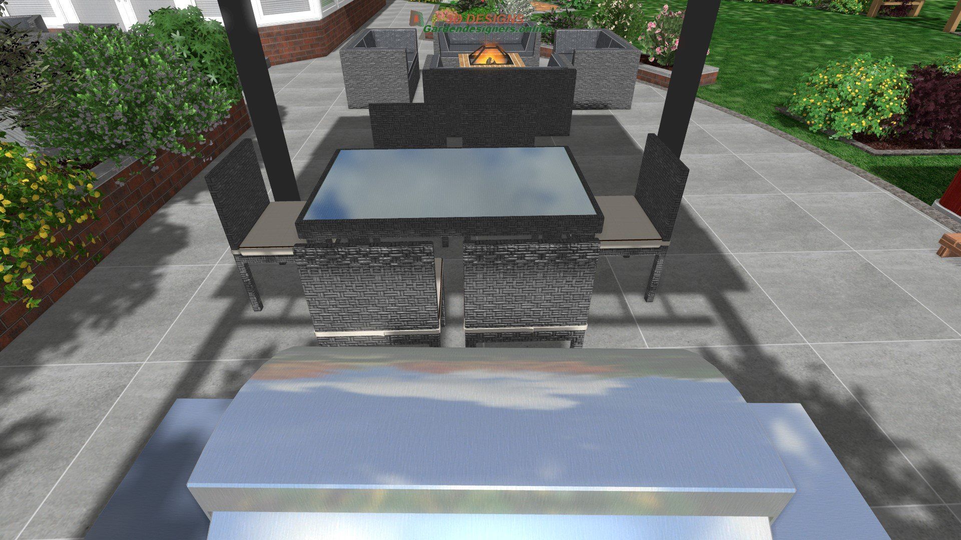 A computer generated image of a patio with a table and chairs and a fire pit