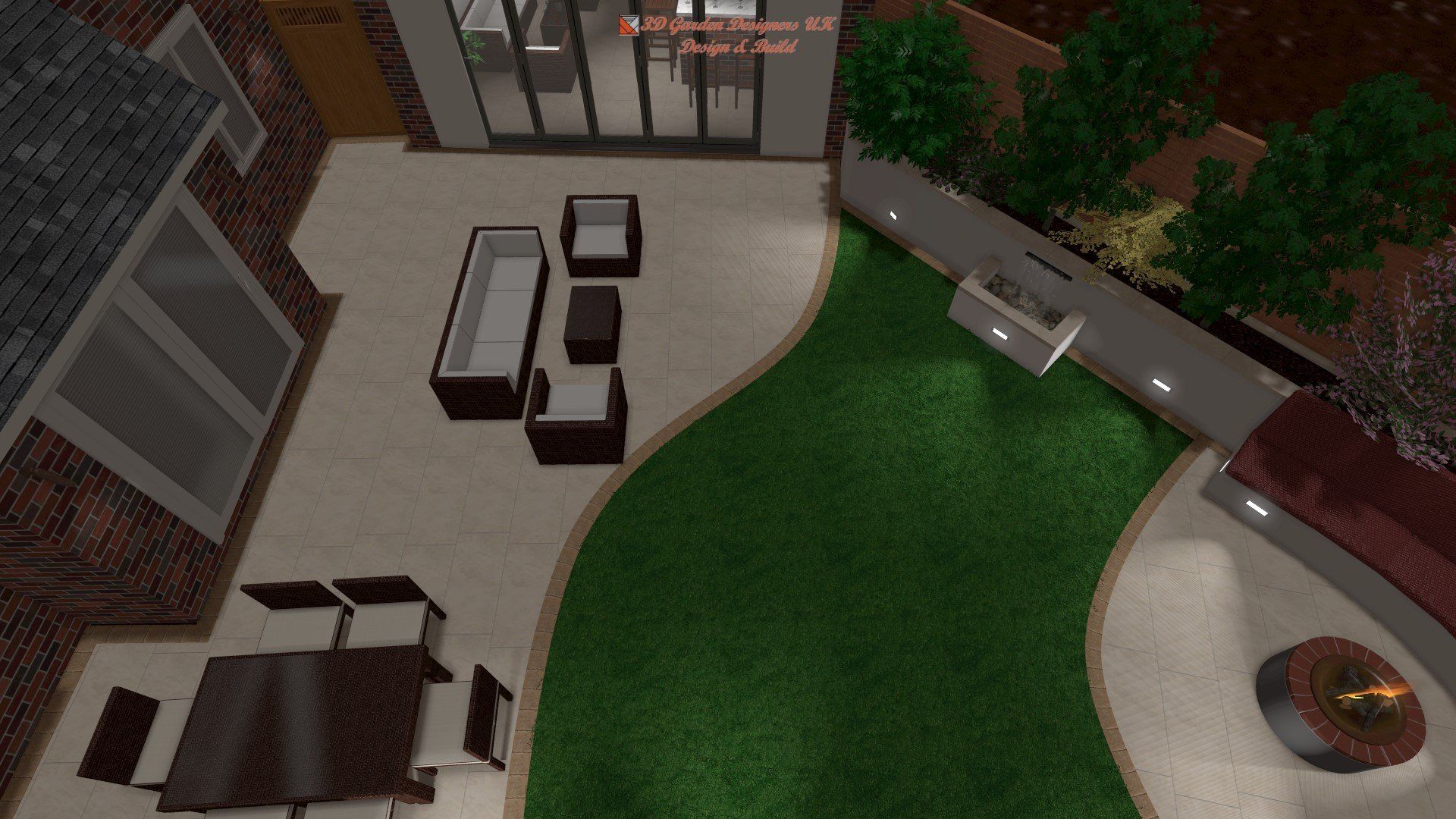 An aerial view of a backyard with a table and chairs and a fire pit.