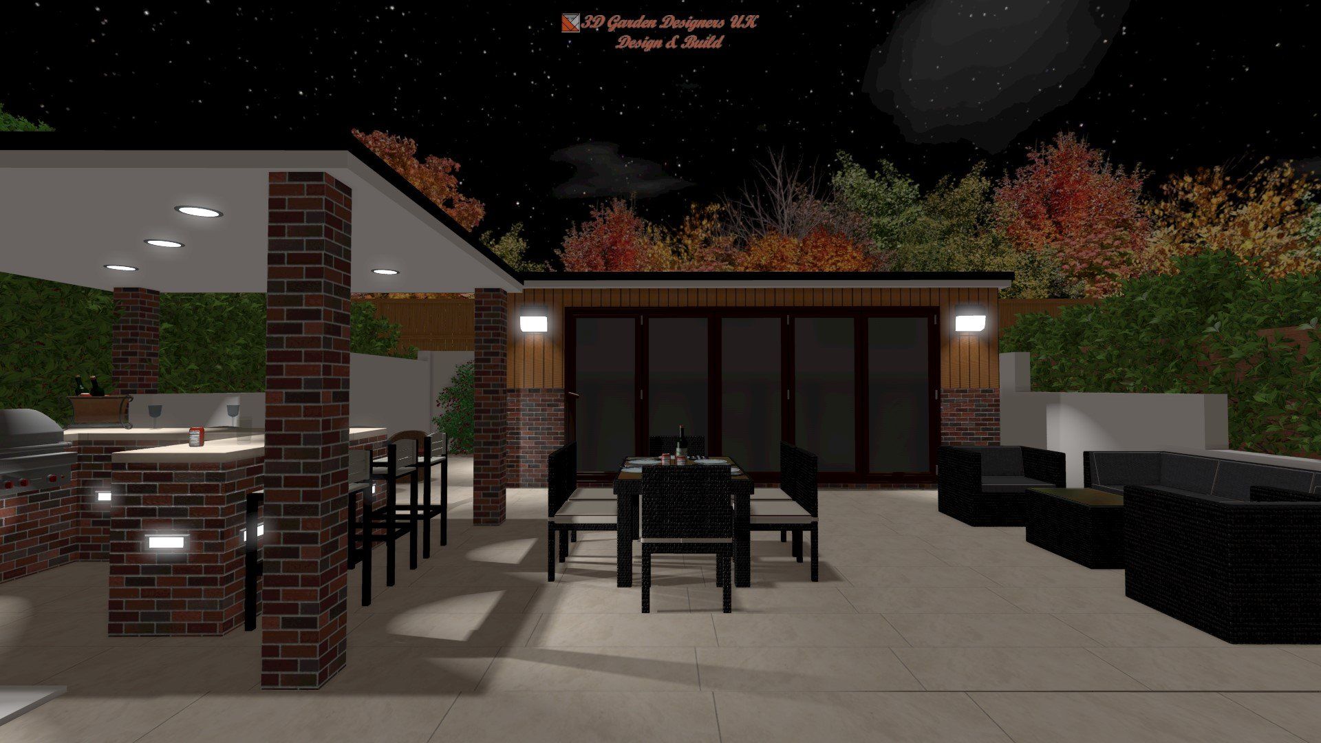 A computer generated image of a patio with a table and chairs