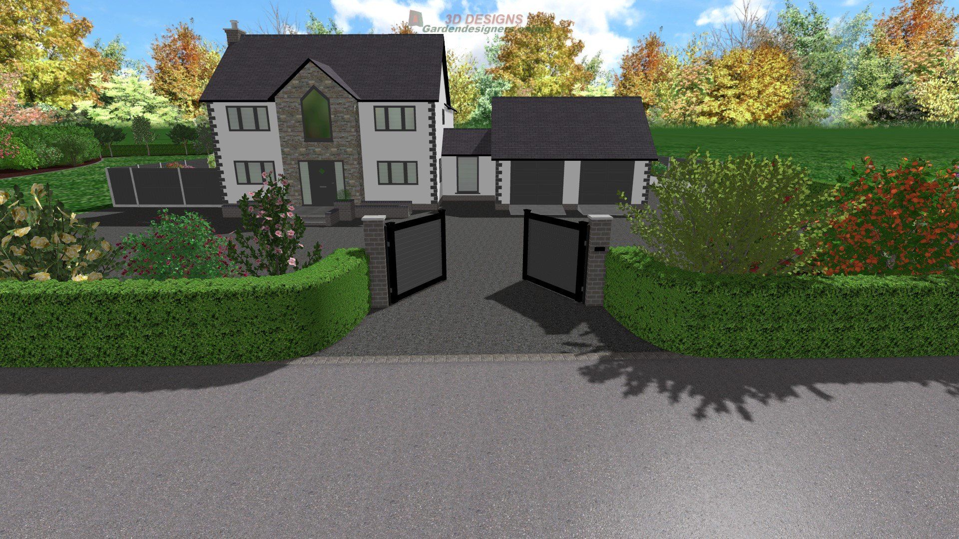 A computer generated image of a house with a driveway leading to it.