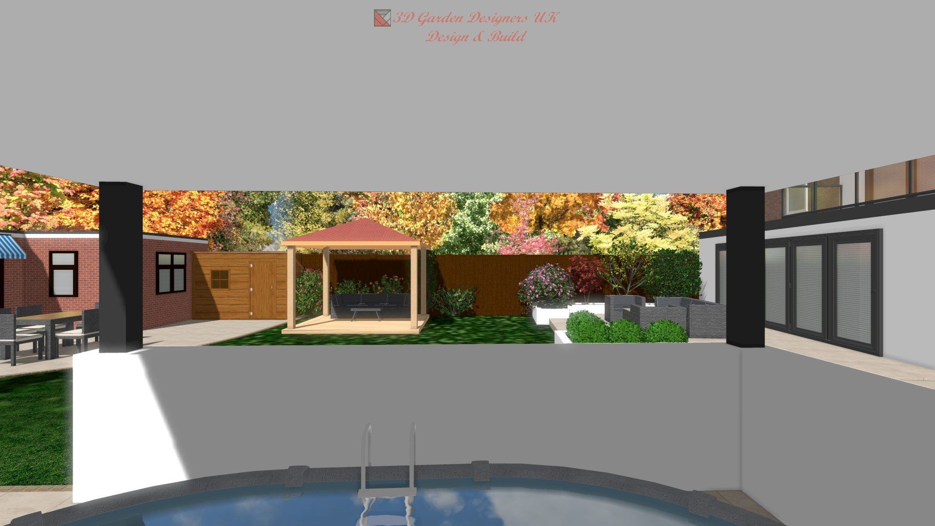 A computer generated image of a house with a pool and a gazebo.