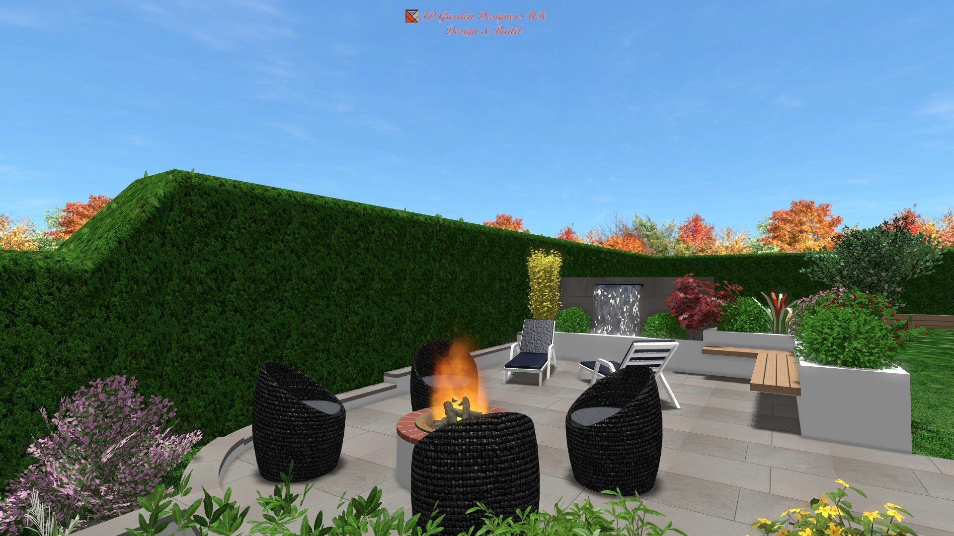 A computer generated image of a backyard with a fire pit and chairs