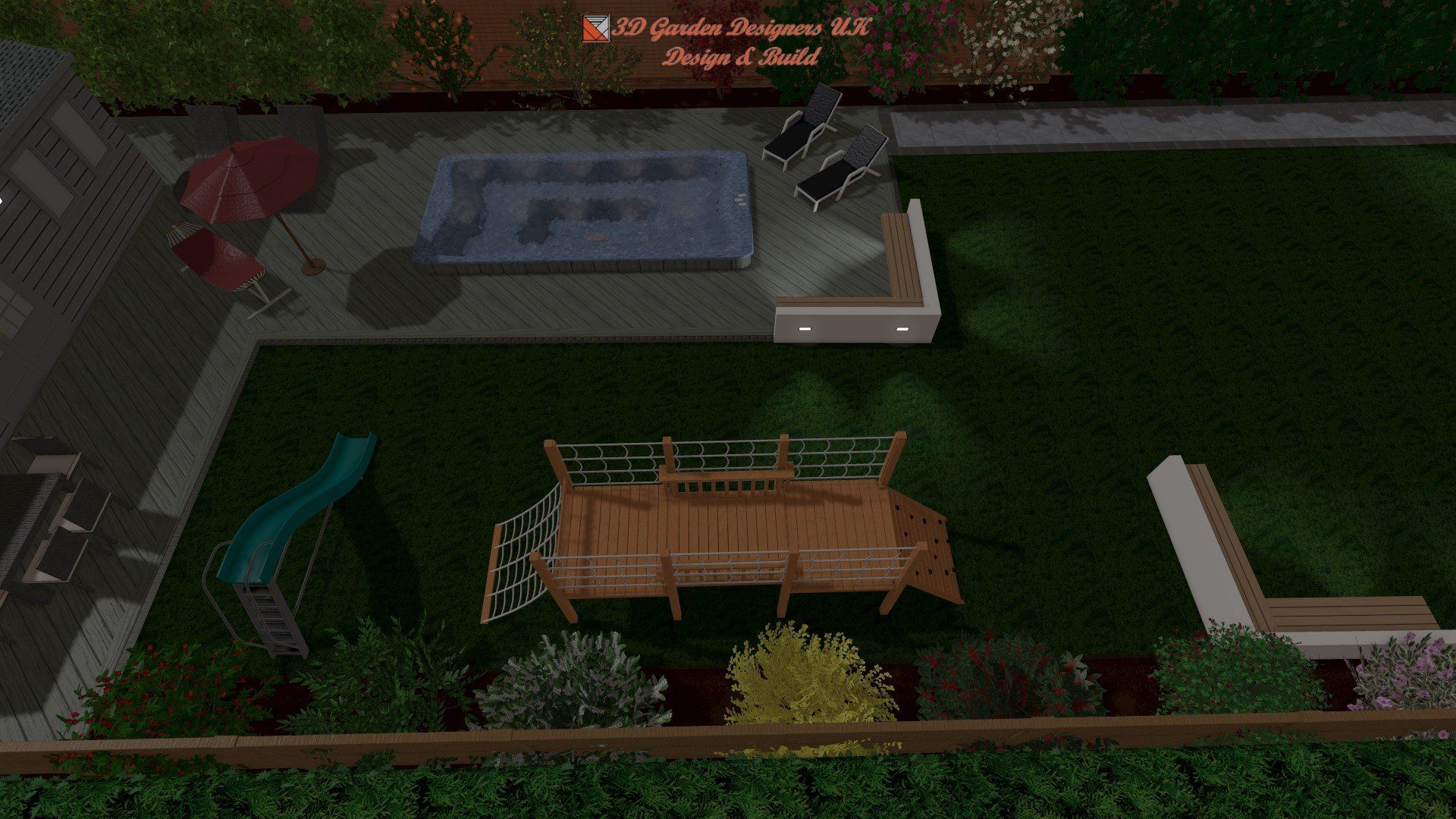 An aerial view of a backyard with a playground and a pool