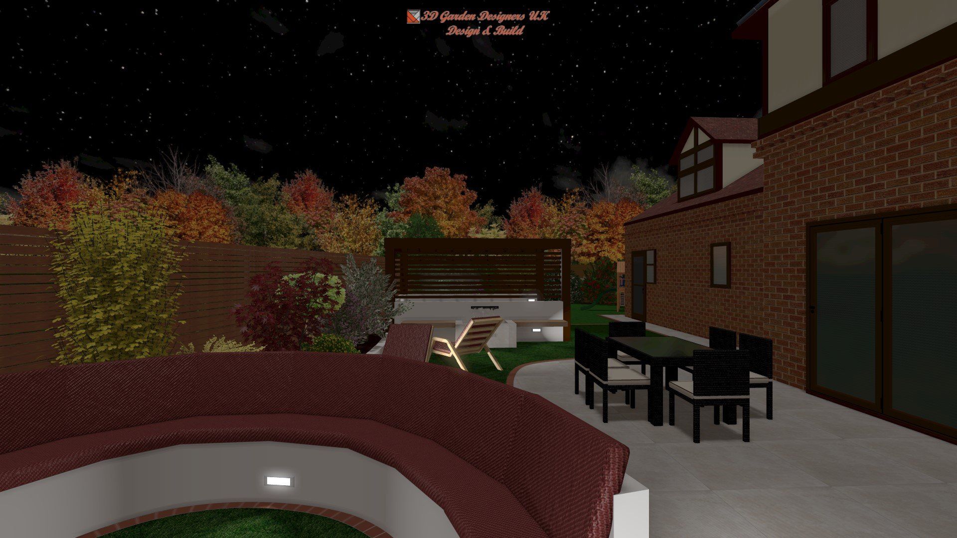 A computer generated image of a backyard with a table and chairs.