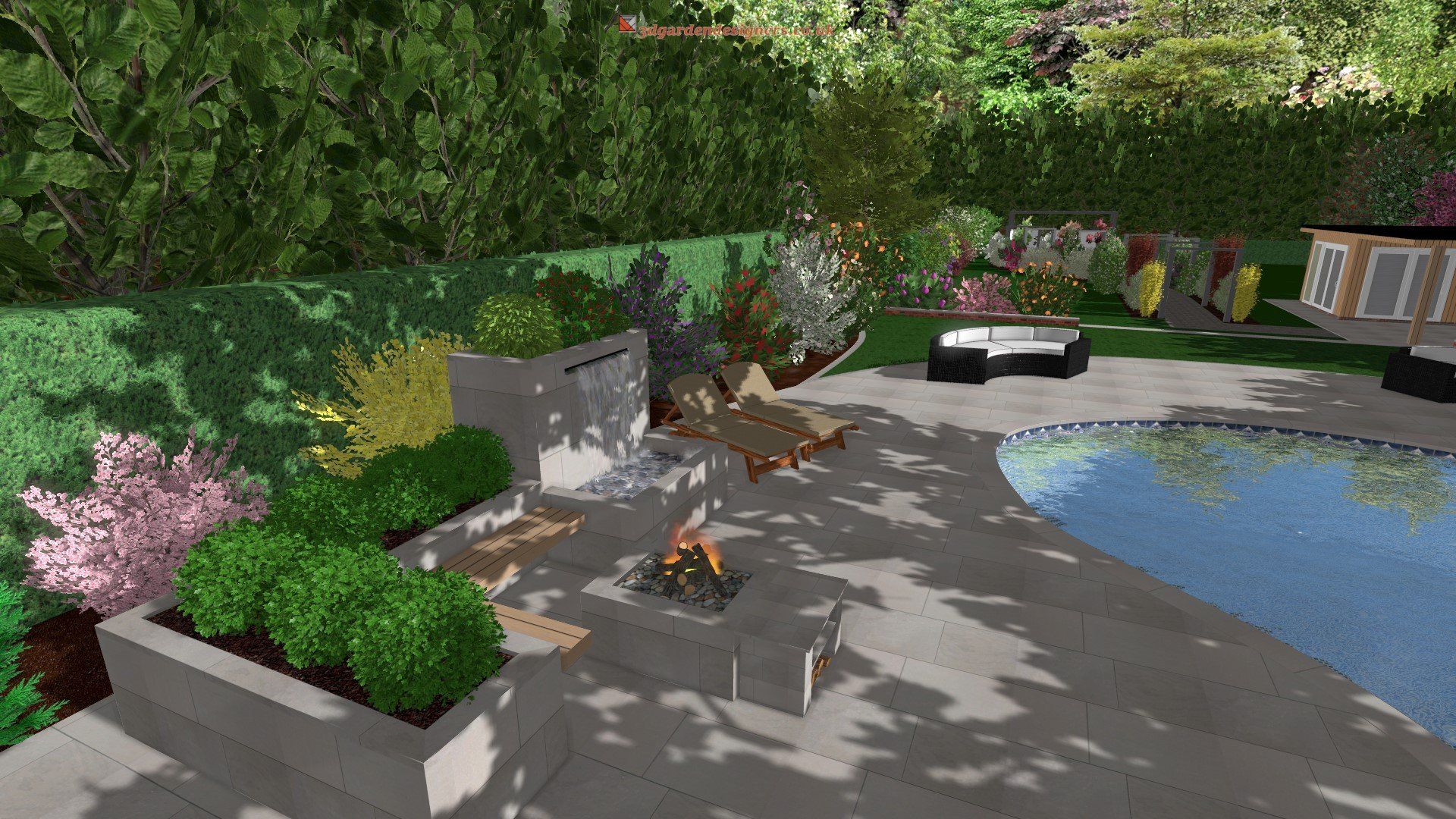 A computer generated image of a backyard with a swimming pool and a fire pit.