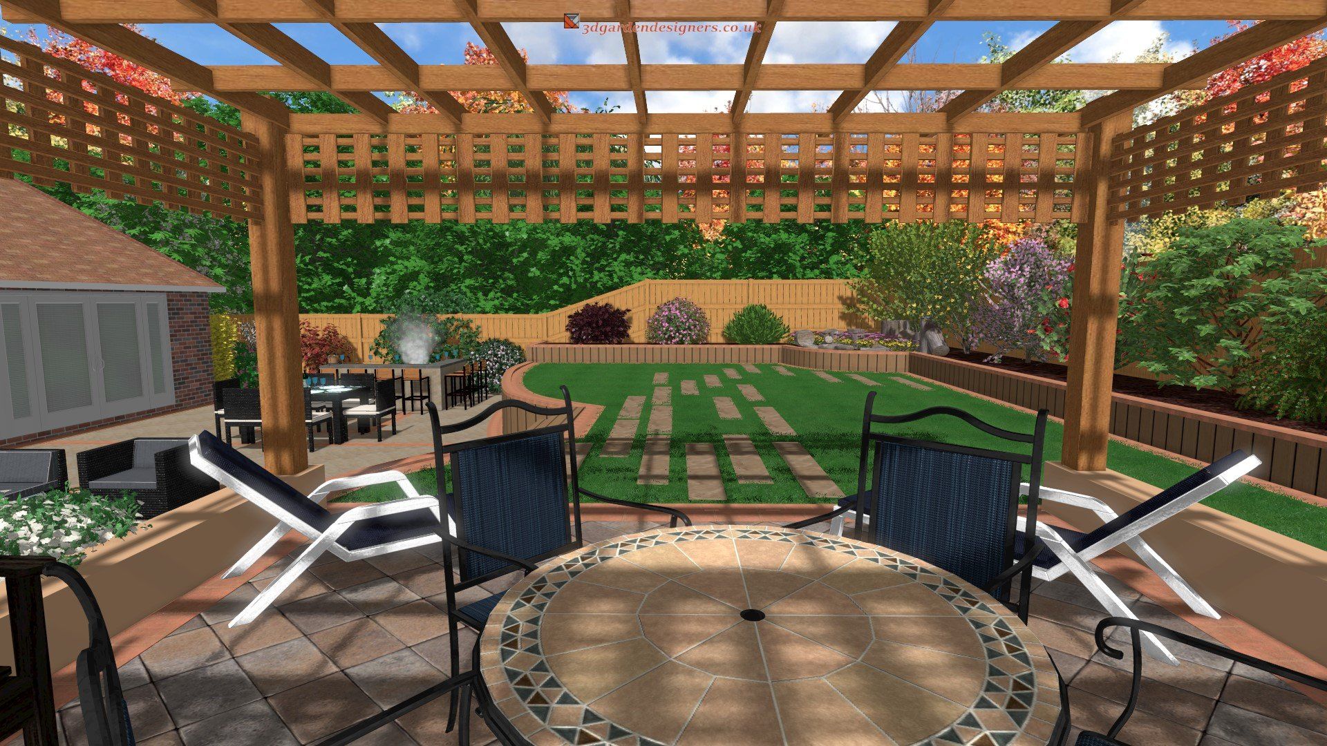 A computer generated image of a patio with a table and chairs under a pergola.
