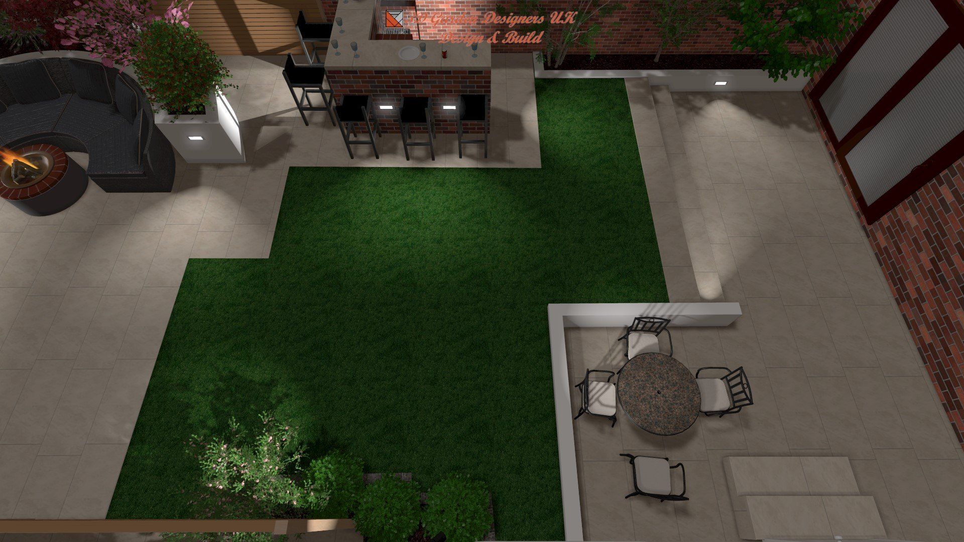 An aerial view of a backyard with a table and chairs.