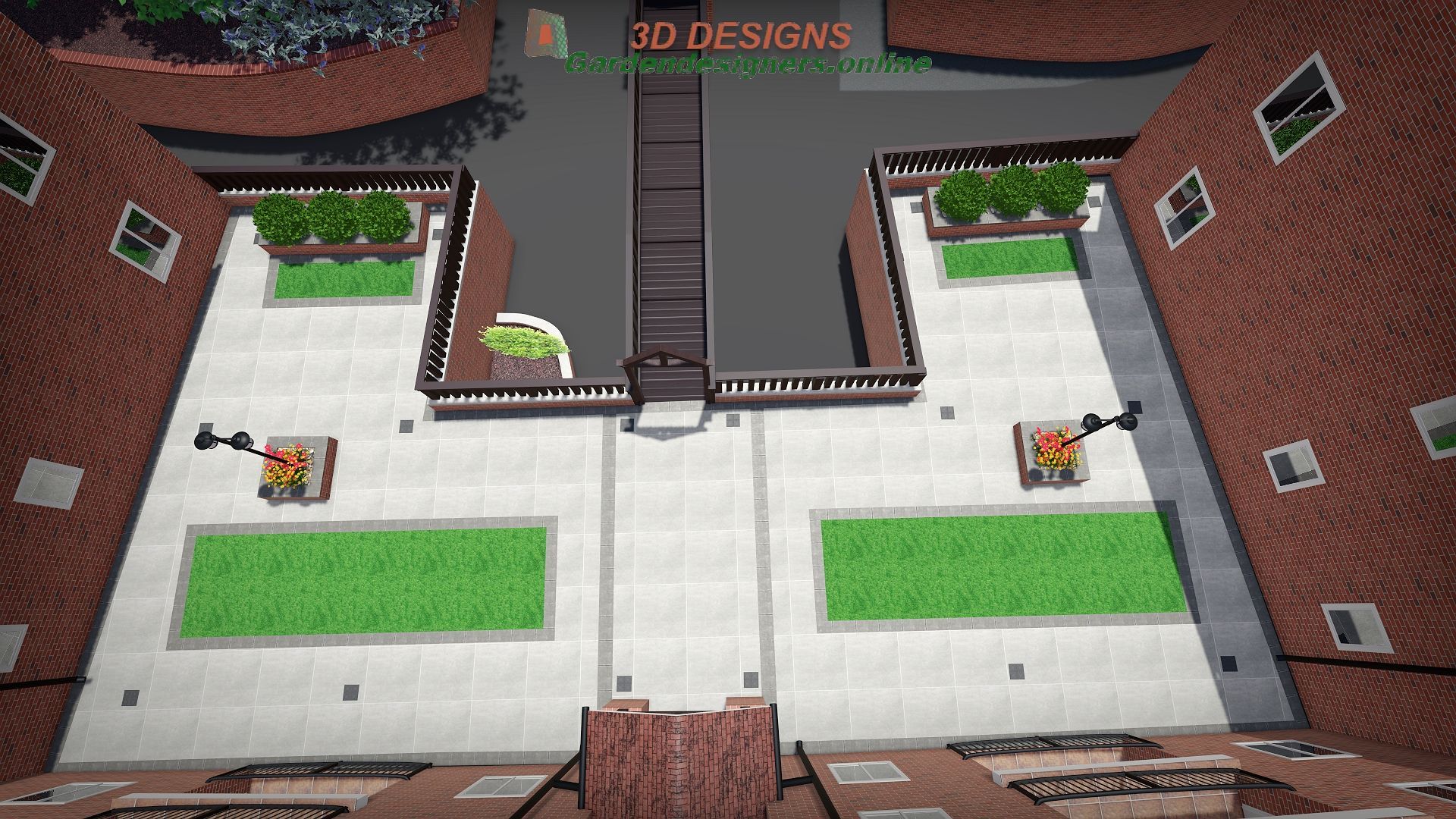 An aerial view of a courtyard with a brick building in the background.