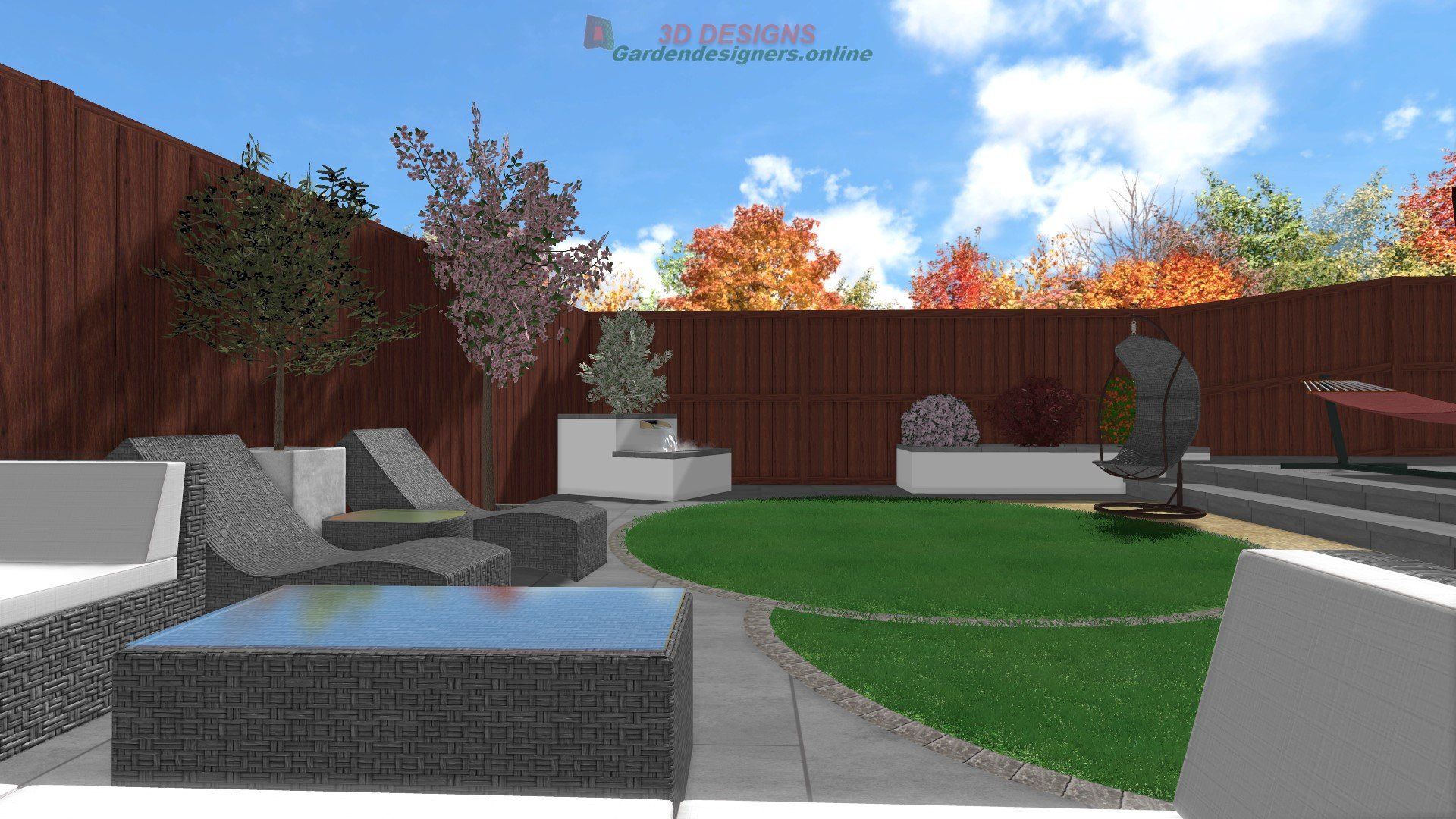 A computer generated image of a backyard with a wooden fence