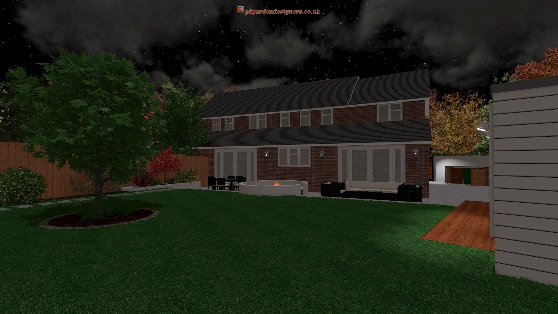 A computer generated image of a house and backyard at night.