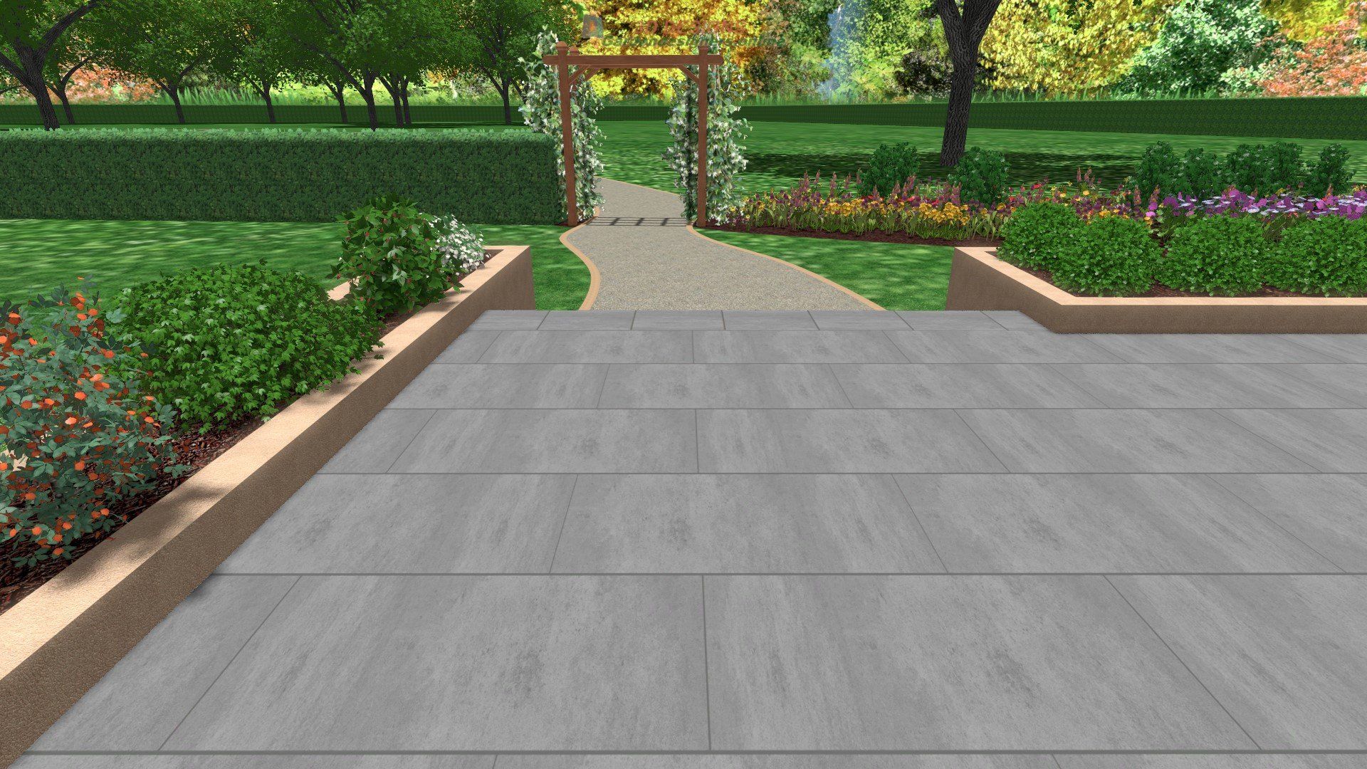 A computer generated image of a driveway leading to a garden