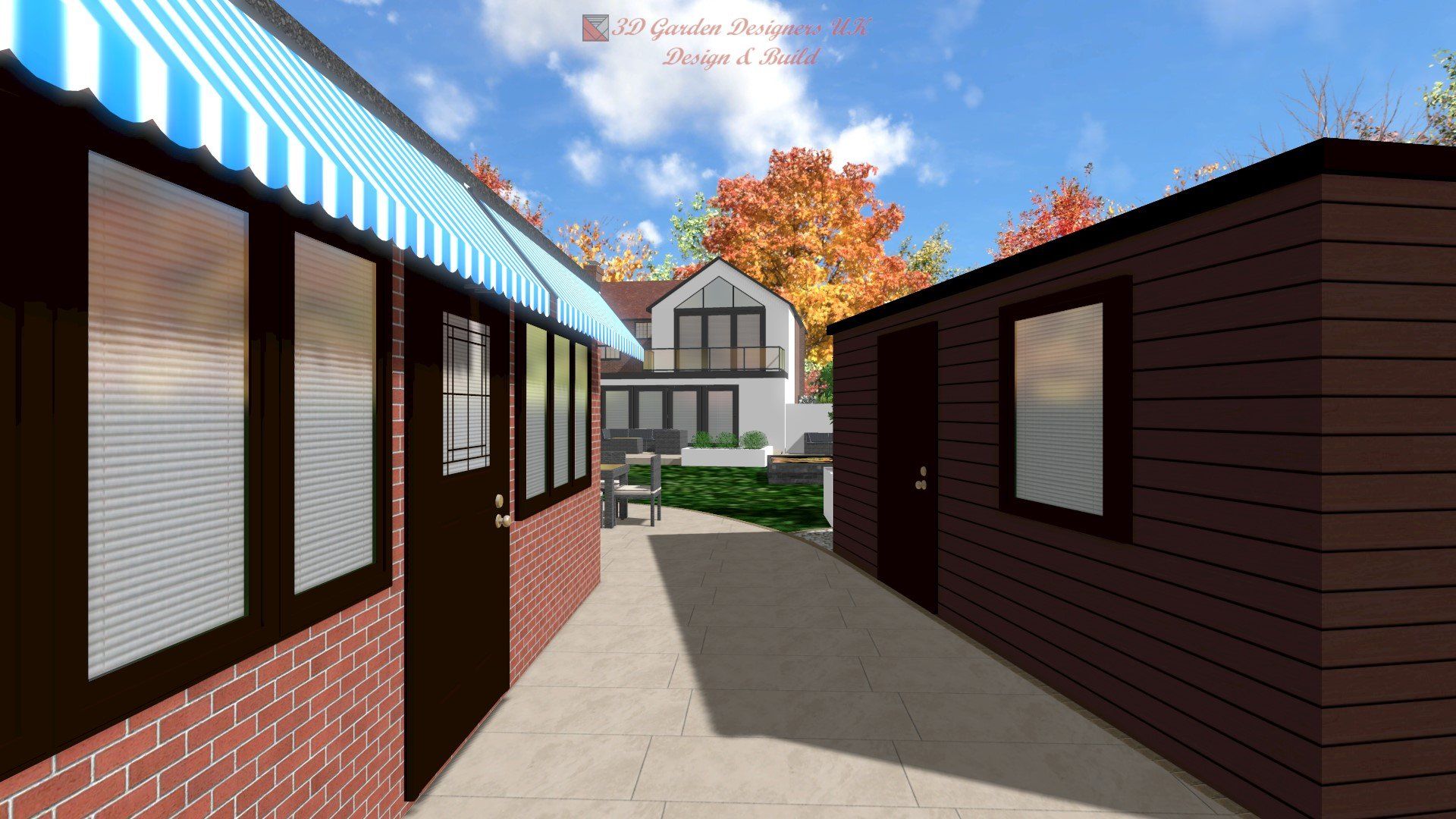 A computer generated image of a house with a blue and white awning.