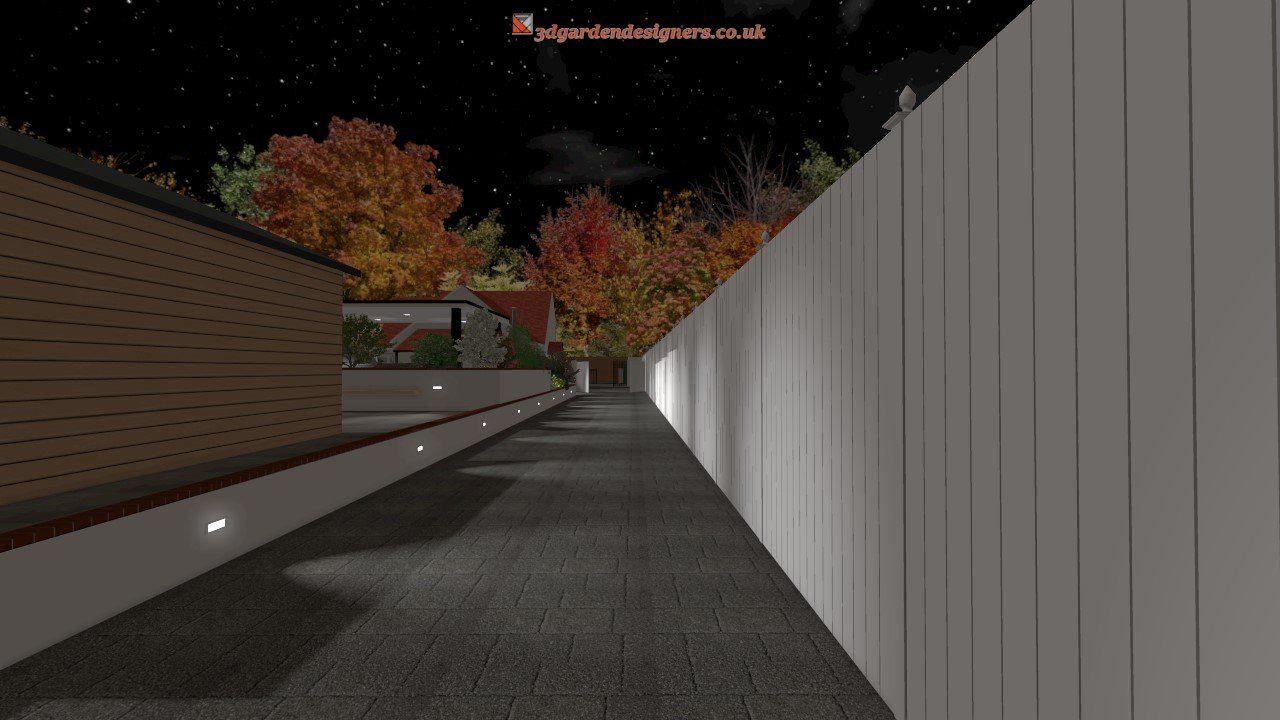 A computer generated image of a walkway with a white fence.
