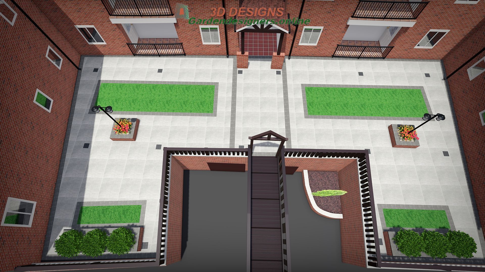 An aerial view of a brick building with a courtyard in front of it.