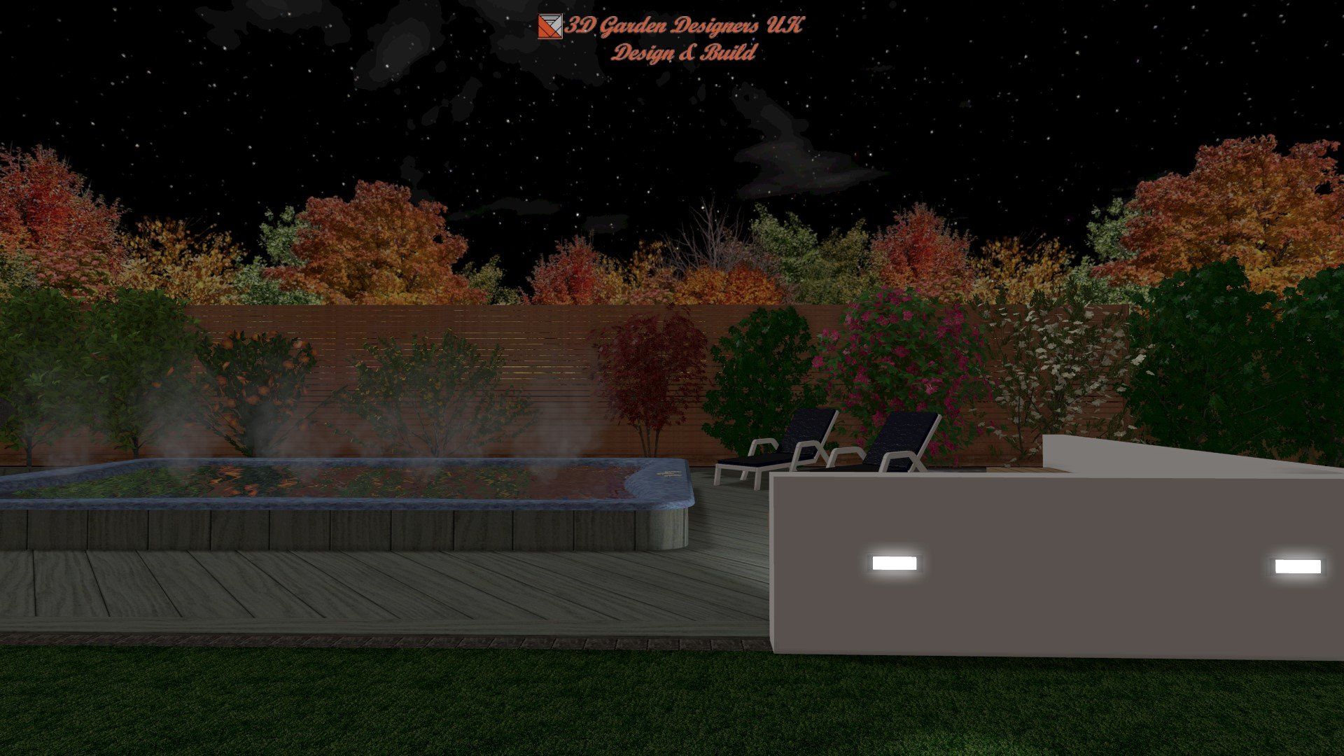 A computer generated image of a backyard with a hot tub and trees at night.