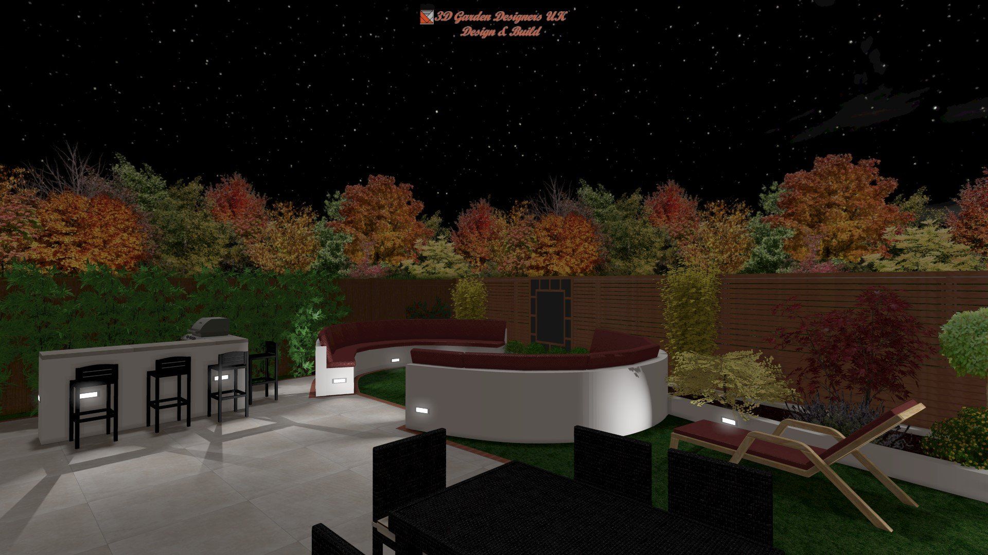 A computer generated image of a backyard with a table and chairs at night.