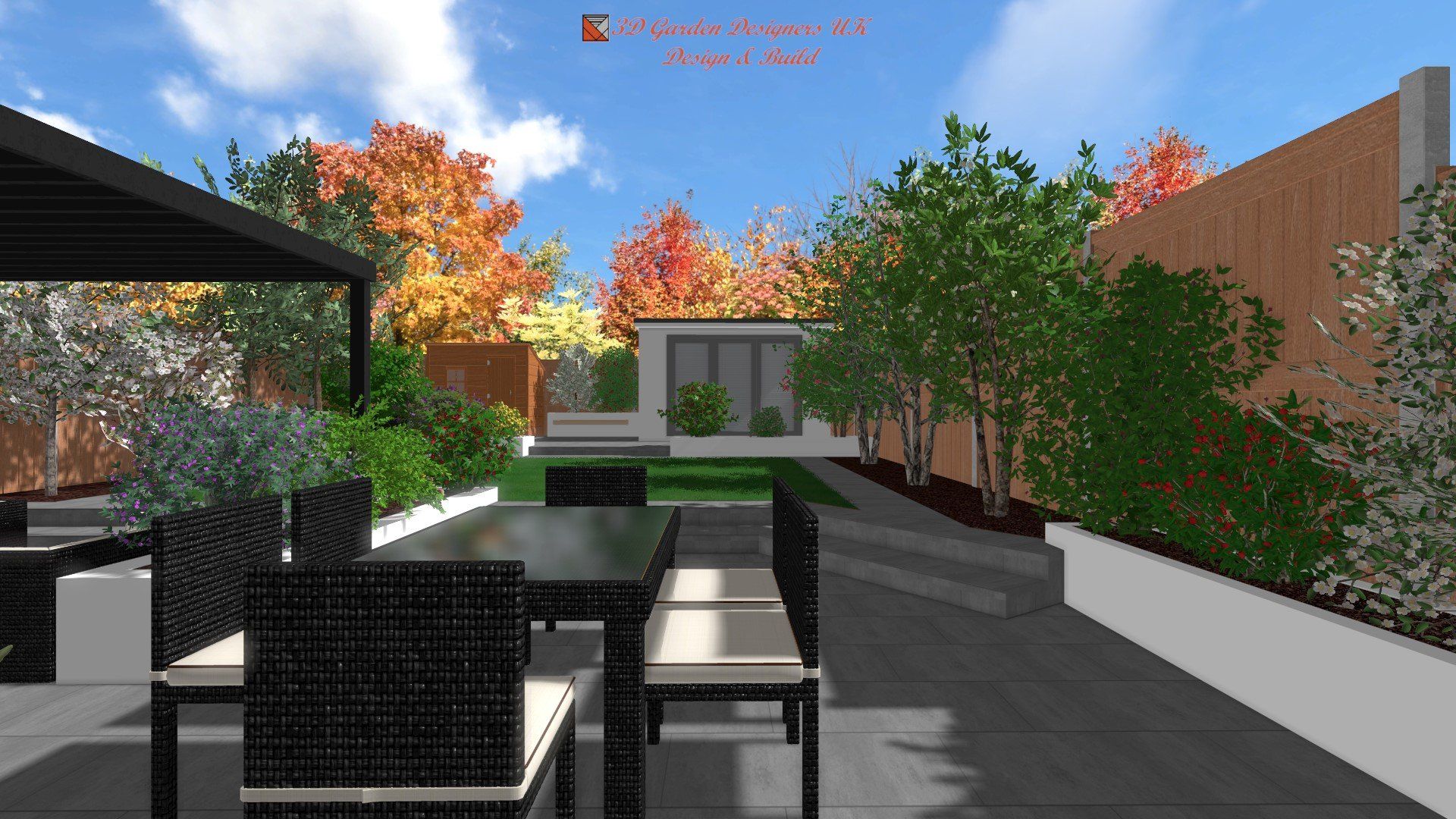 A computer generated image of a patio with a table and chairs.