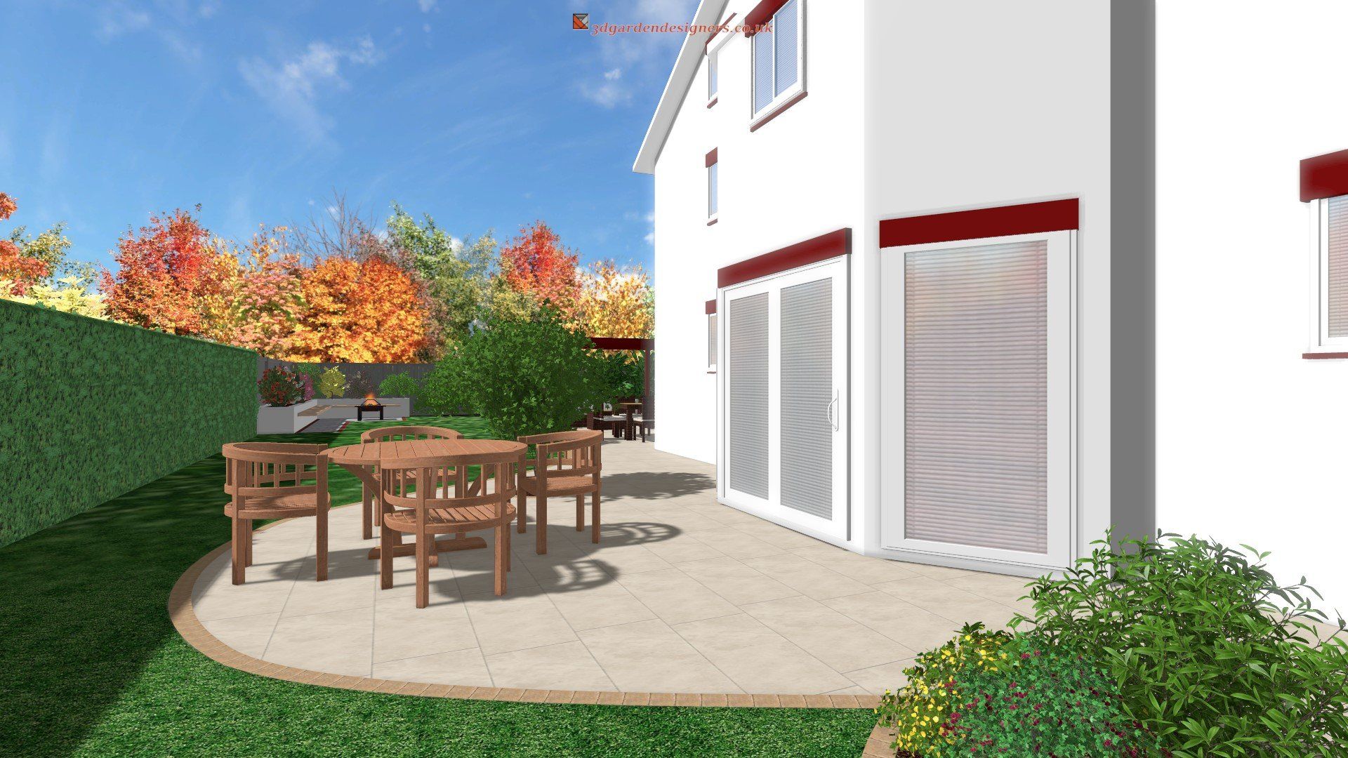 A patio with a table and chairs in front of a house