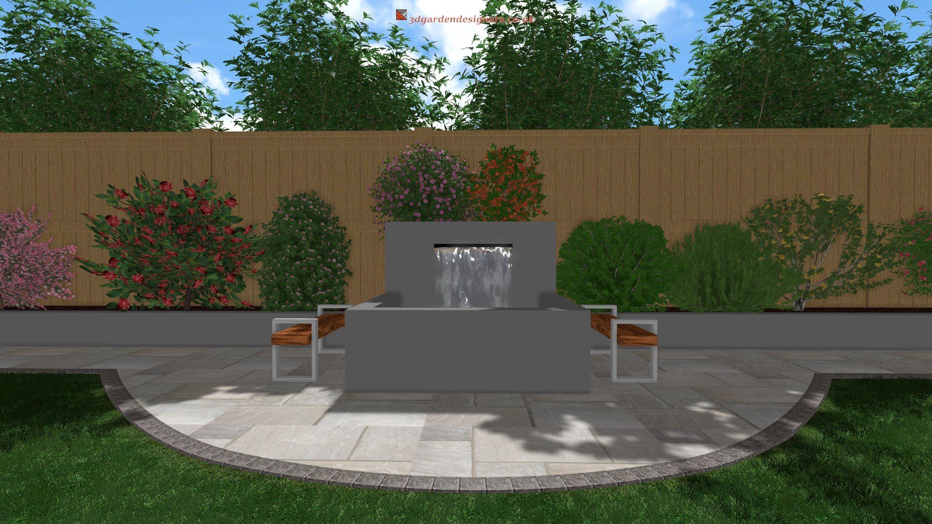 A computer generated image of a backyard with a waterfall and a fence.