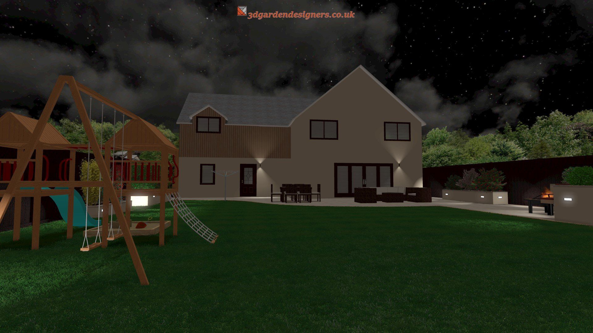 A large house with a playground in front of it at night.