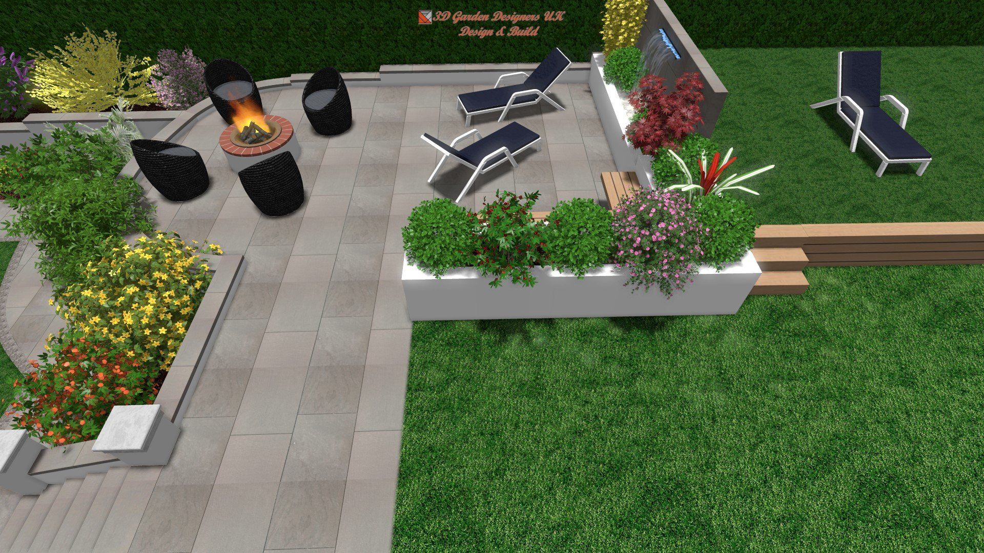 An aerial view of a patio with chairs and a fire pit.