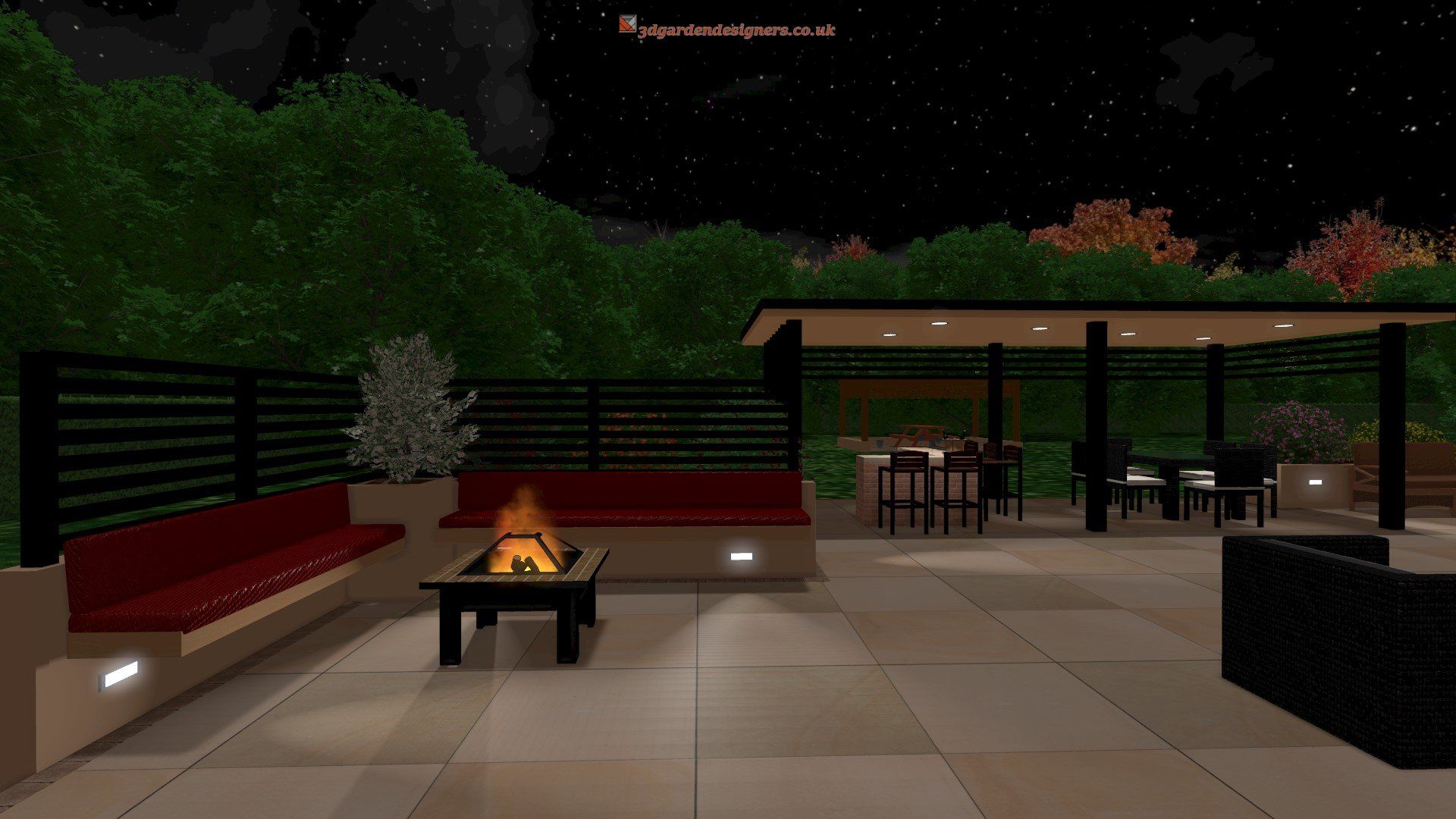 A computer generated image of a patio with a fire pit