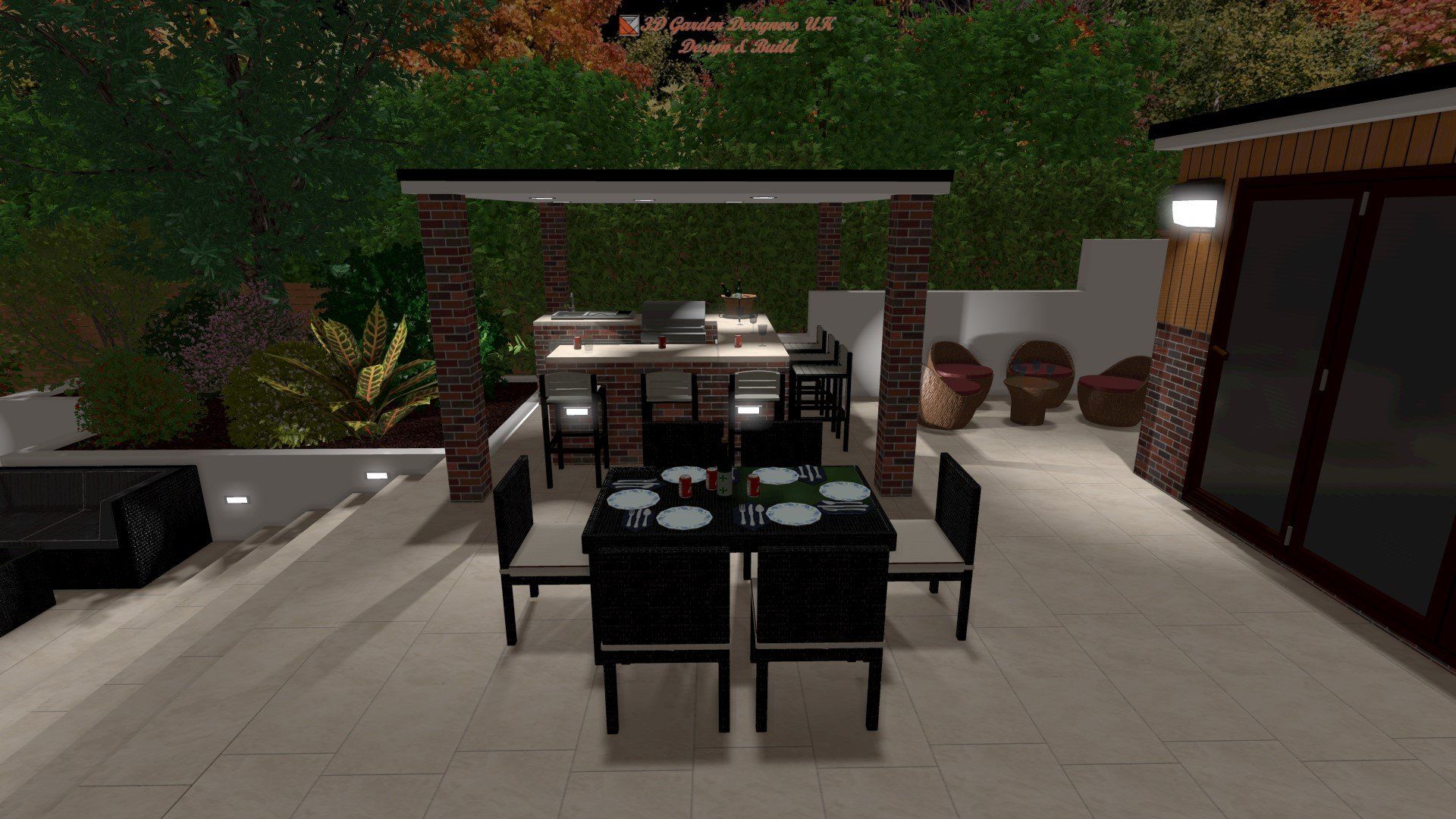 A computer generated image of a patio with a table and chairs.