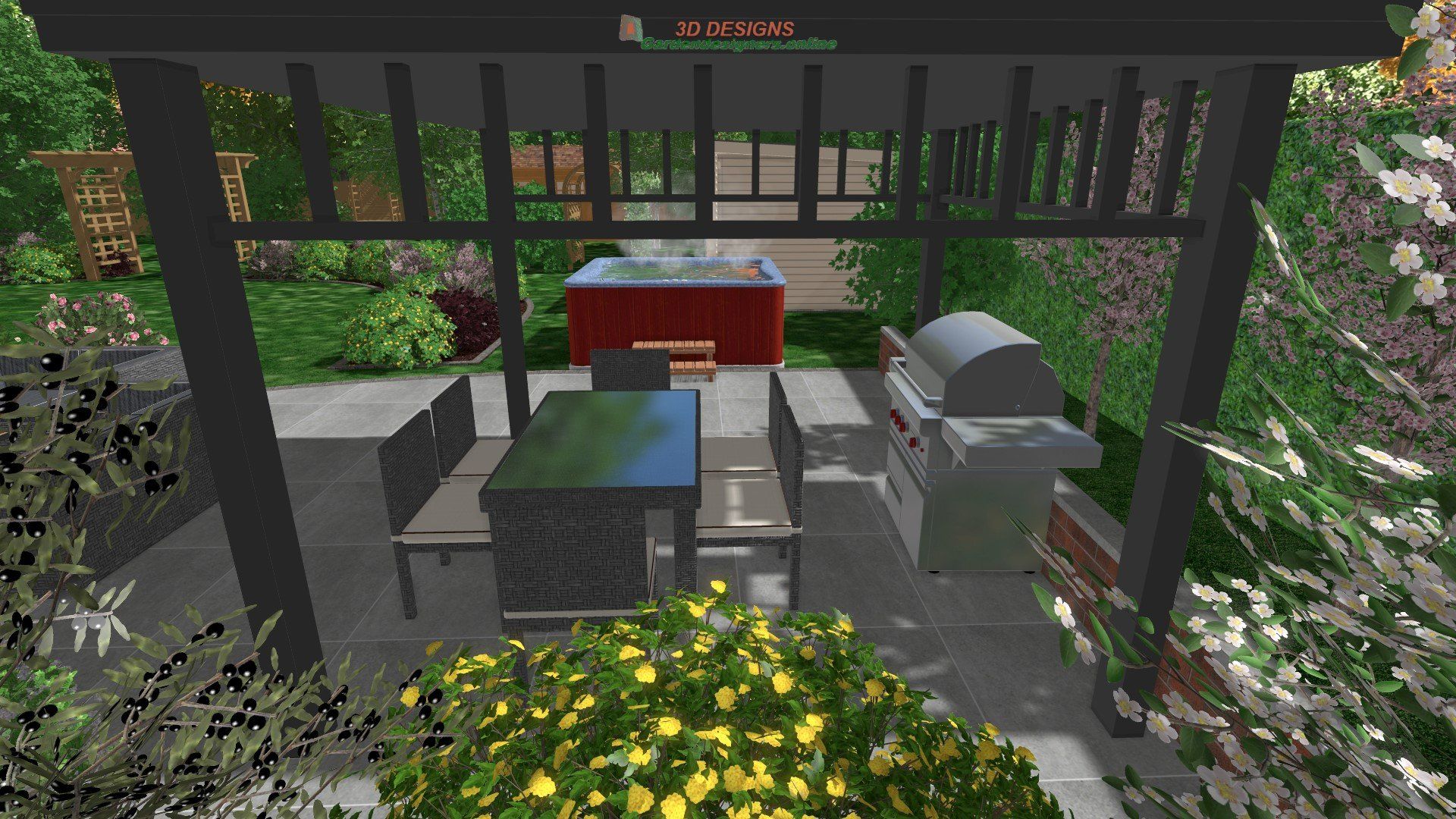 A computer generated image of a patio with a table and chairs under a pergola.