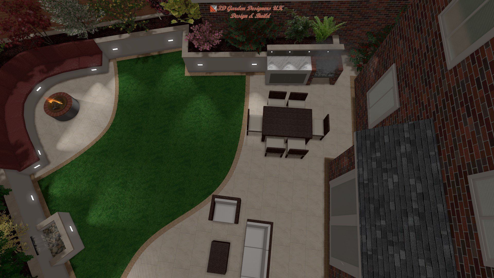 An aerial view of a patio with a table and chairs.