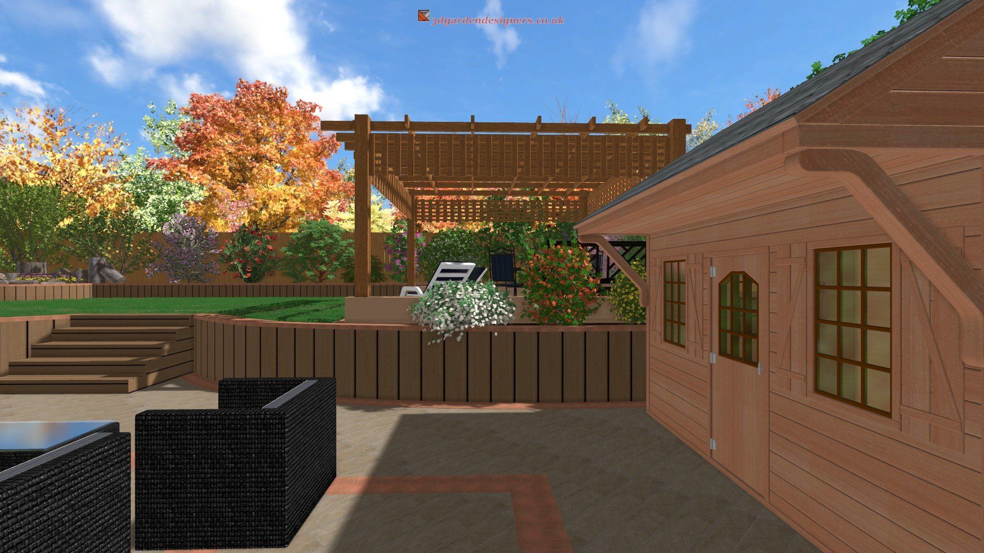 A computer generated image of a house with a patio and a pergola.