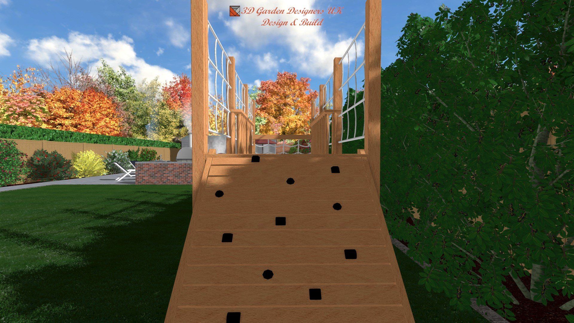 A computer generated image of a wooden playground with trees in the background